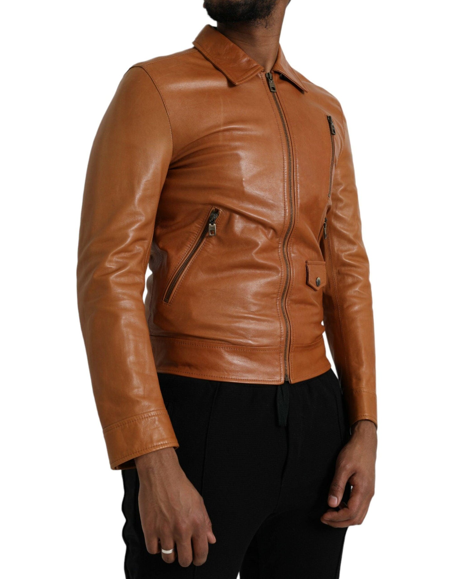 Dolce & Gabbana Brown Lamb Leather Full Zip Blouson Jacket - Arichezz.store