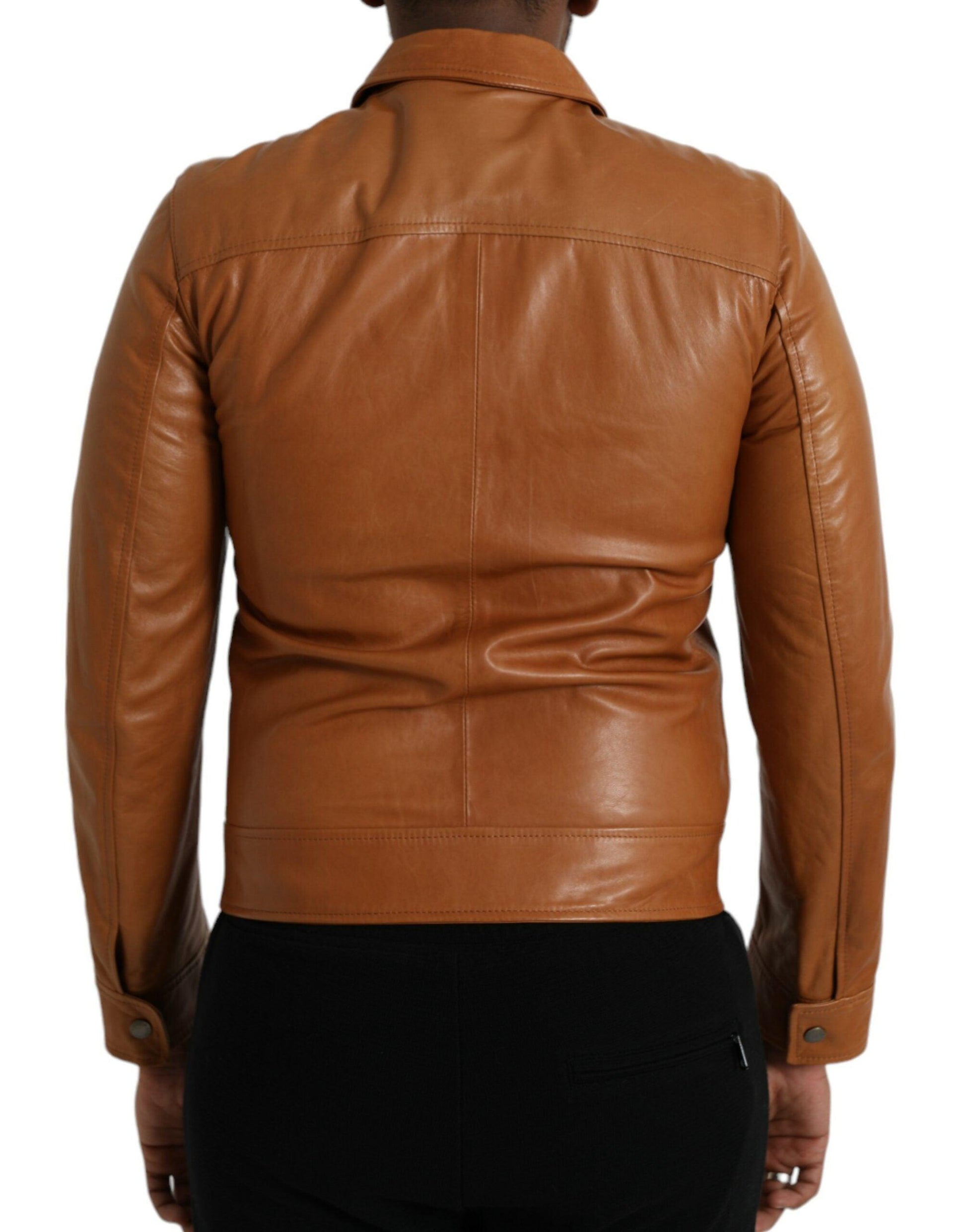 Dolce & Gabbana Brown Lamb Leather Full Zip Blouson Jacket - Arichezz.store