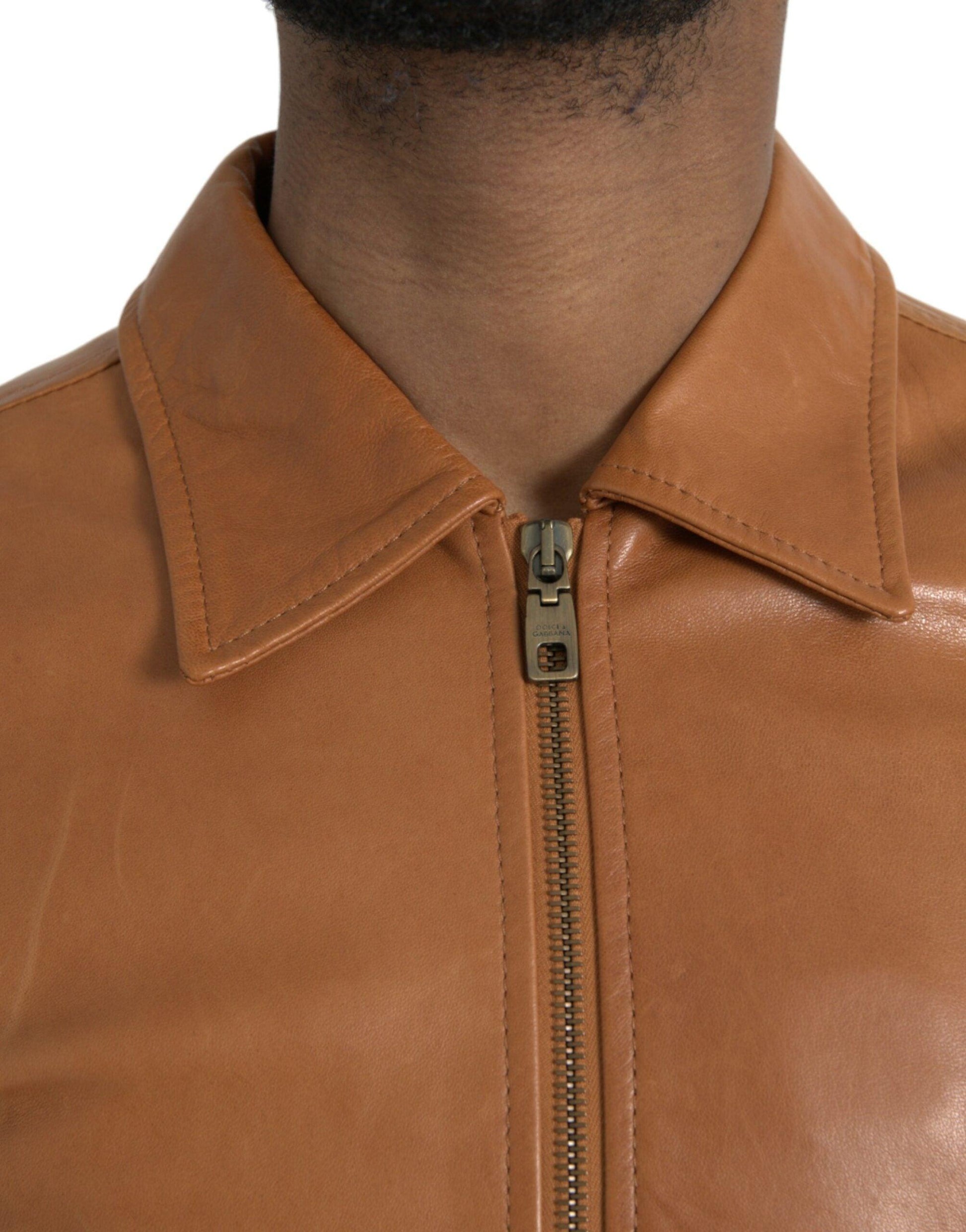 Dolce & Gabbana Brown Lamb Leather Full Zip Blouson Jacket - Arichezz.store