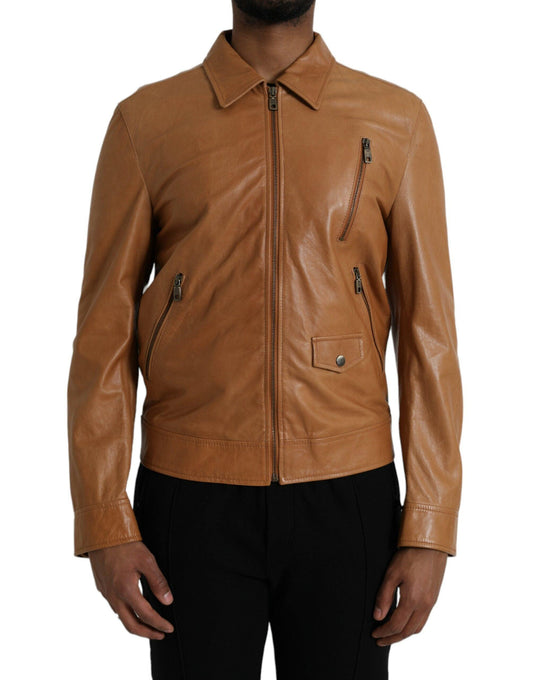 Dolce & Gabbana Brown Lamb Leather Full Zip Blouson Jacket - Arichezz.store