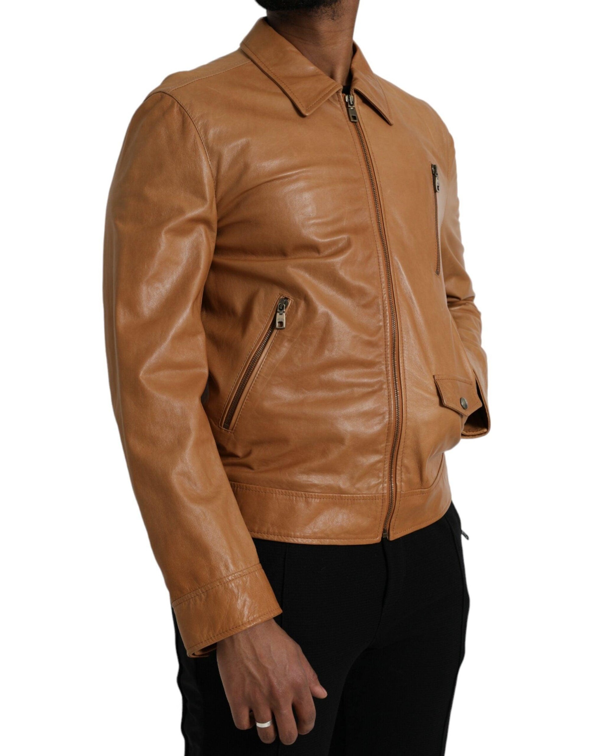 Dolce & Gabbana Brown Lamb Leather Full Zip Blouson Jacket - Arichezz.store