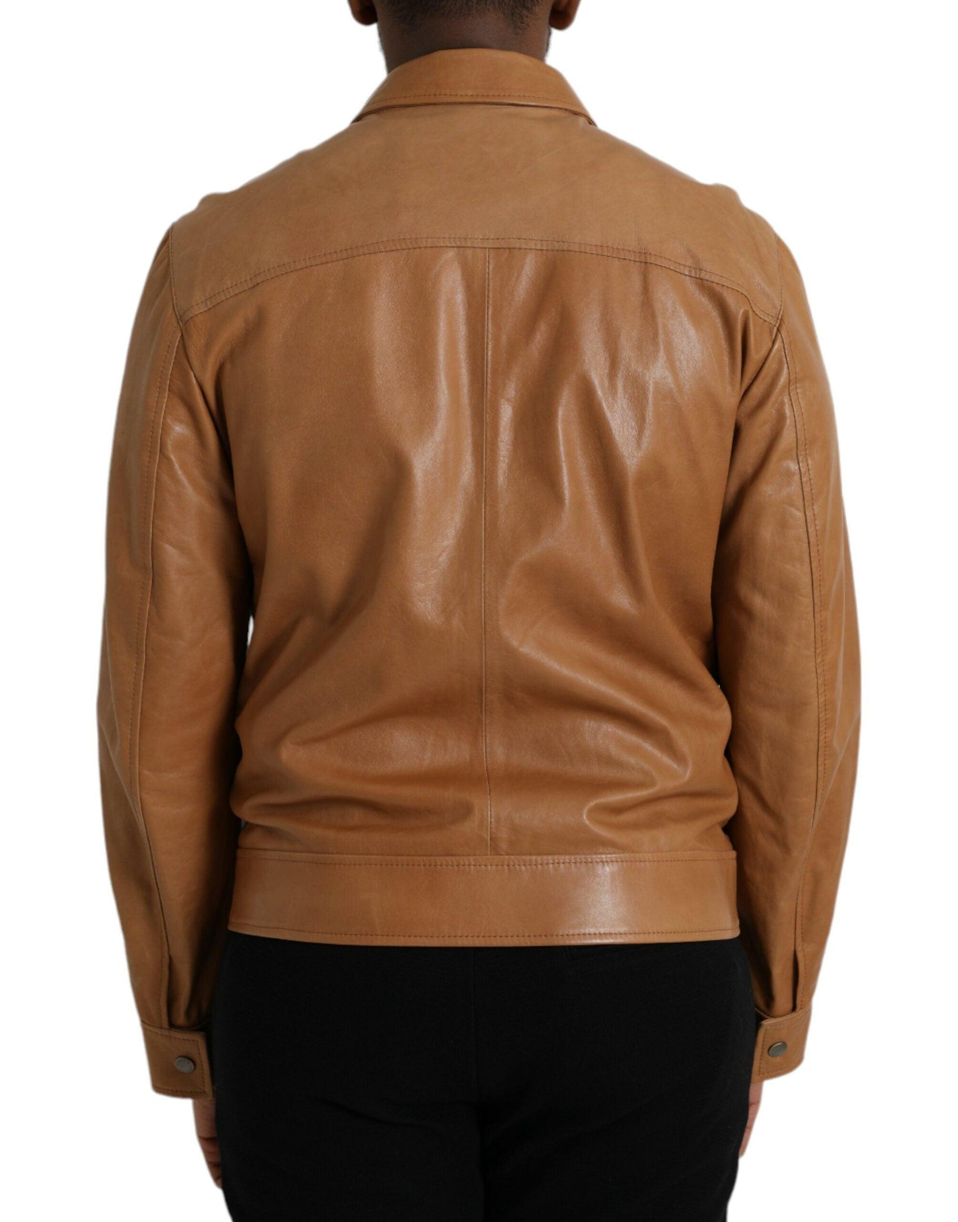 Dolce & Gabbana Brown Lamb Leather Full Zip Blouson Jacket - Arichezz.store