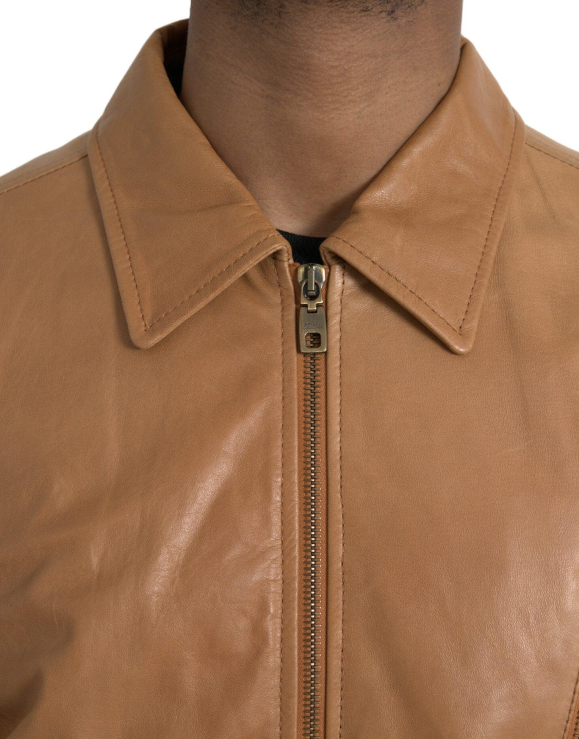 Dolce & Gabbana Brown Lamb Leather Full Zip Blouson Jacket - Arichezz.store