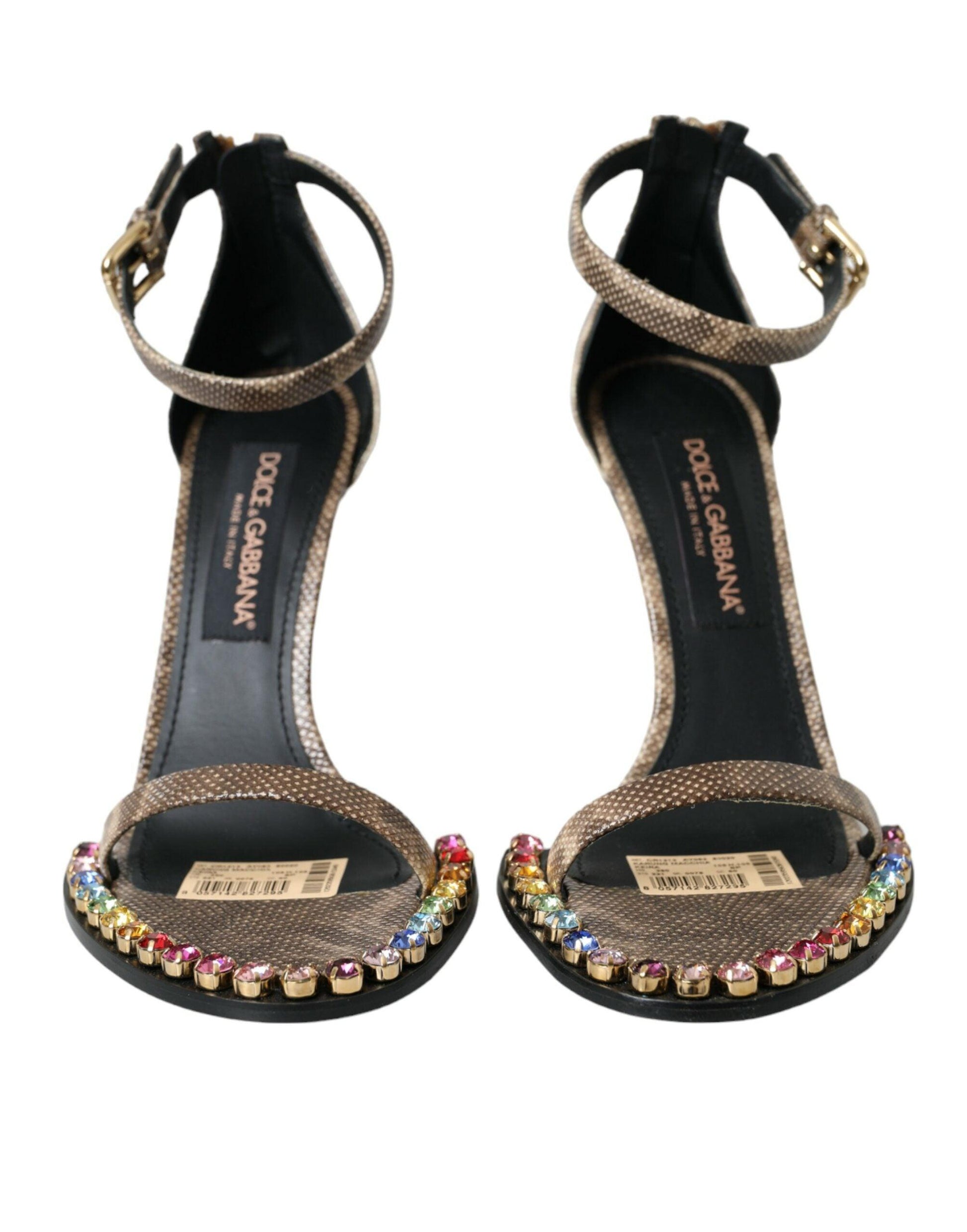 Dolce & Gabbana Brown Exotic Leather Crystal Sandals Shoes - Arichezz.store