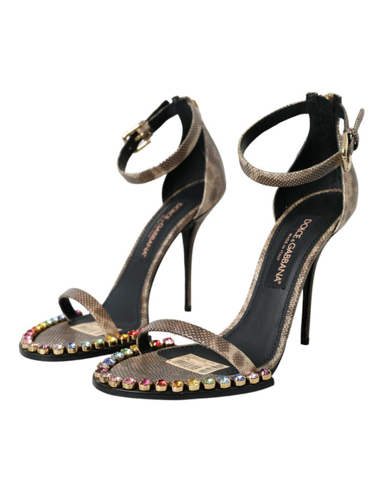 Dolce & Gabbana Brown Exotic Leather Crystal Sandals Shoes - Arichezz.store