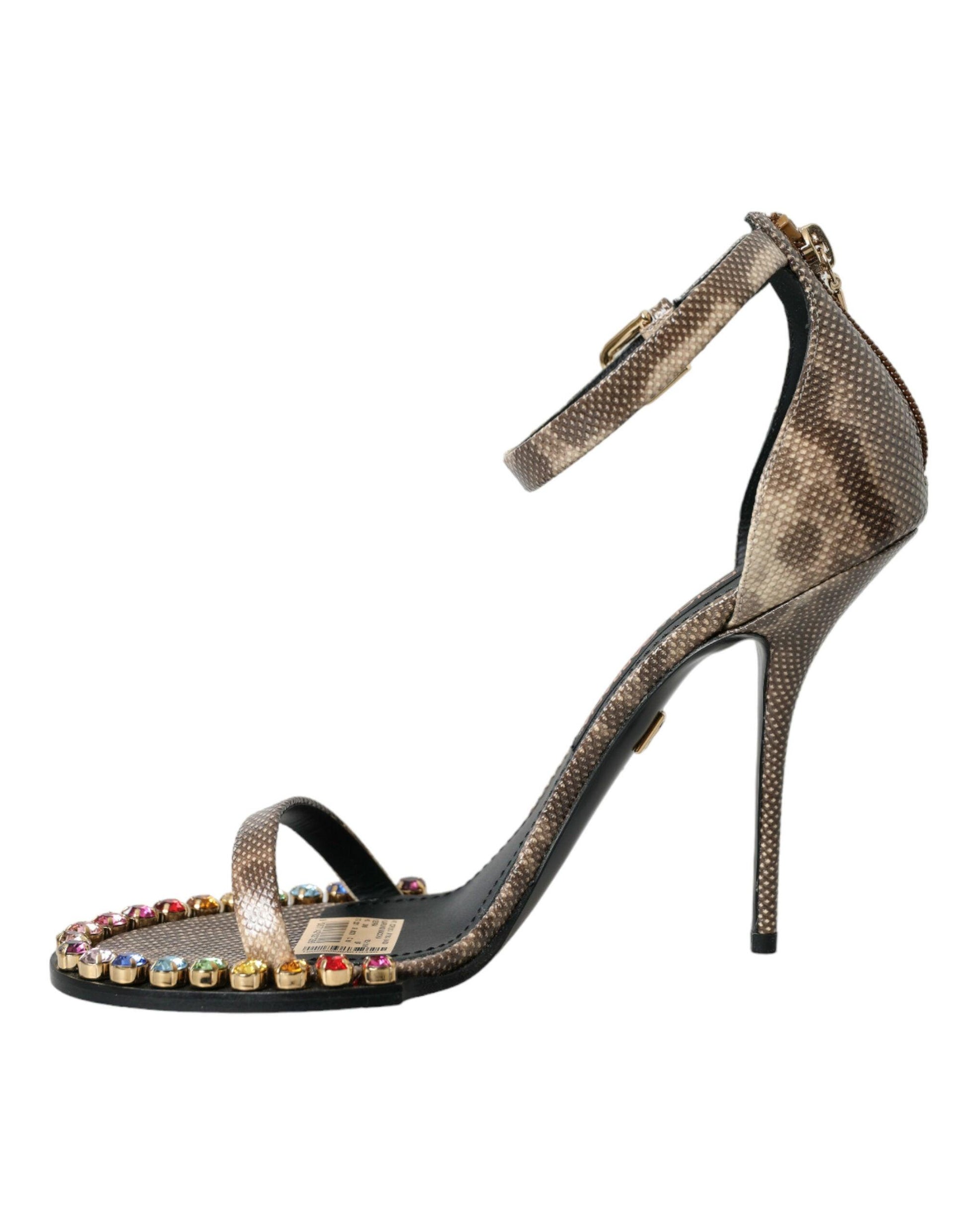 Dolce & Gabbana Brown Exotic Leather Crystal Sandals Shoes - Arichezz.store