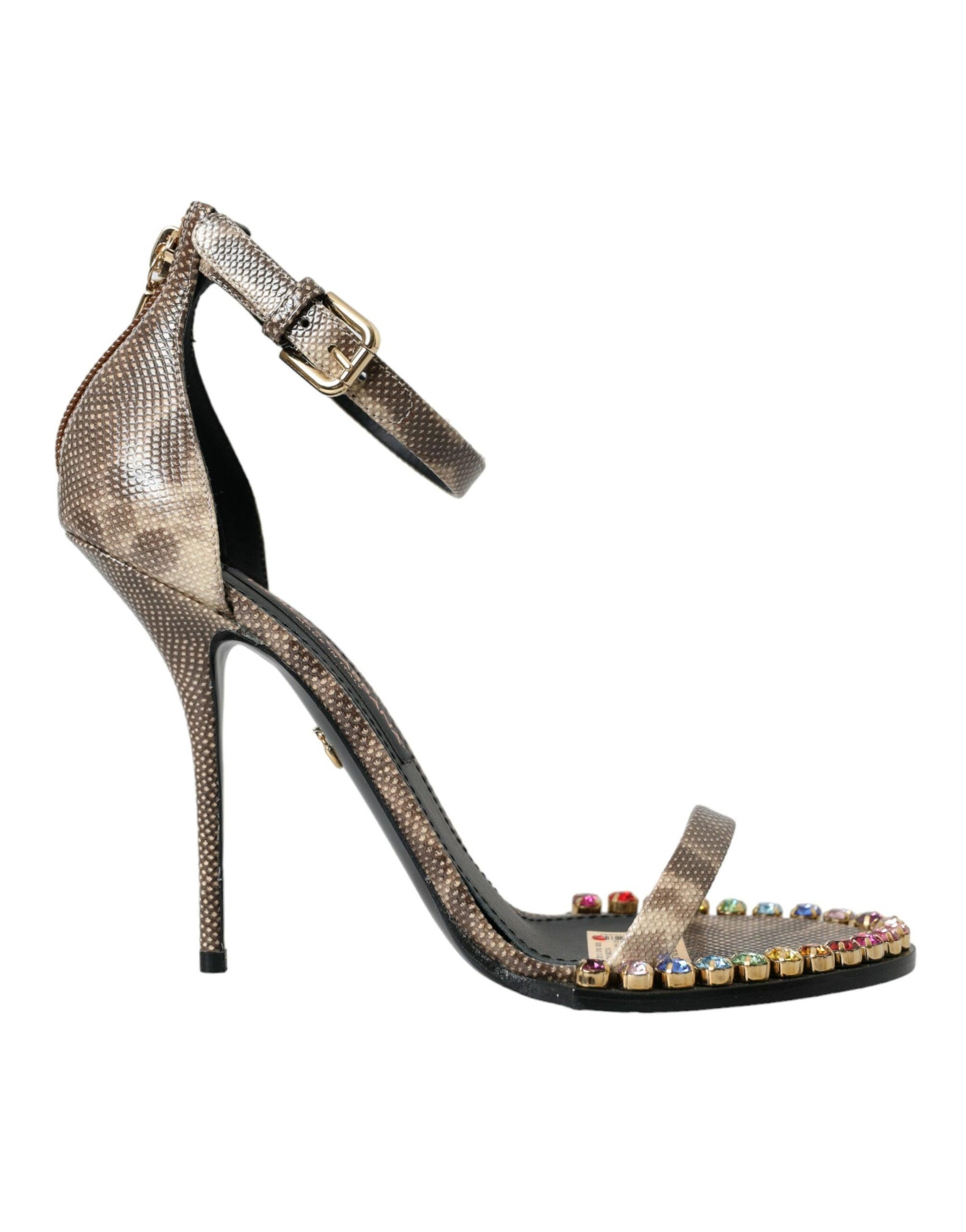 Dolce & Gabbana Brown Exotic Leather Crystal Sandals Shoes - Arichezz.store