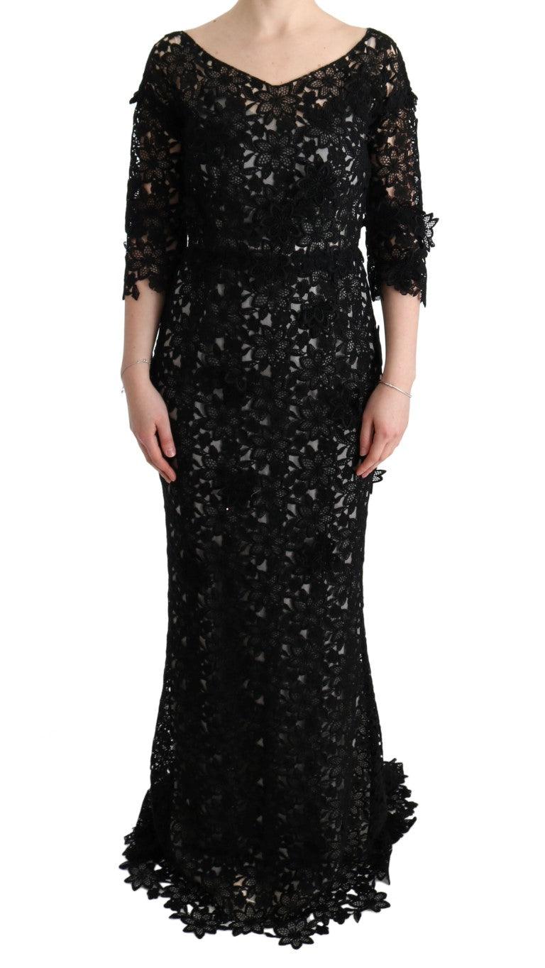 Dolce & Gabbana Elegant Black Maxi Shift Dress with Floral Applique - Arichezz.store