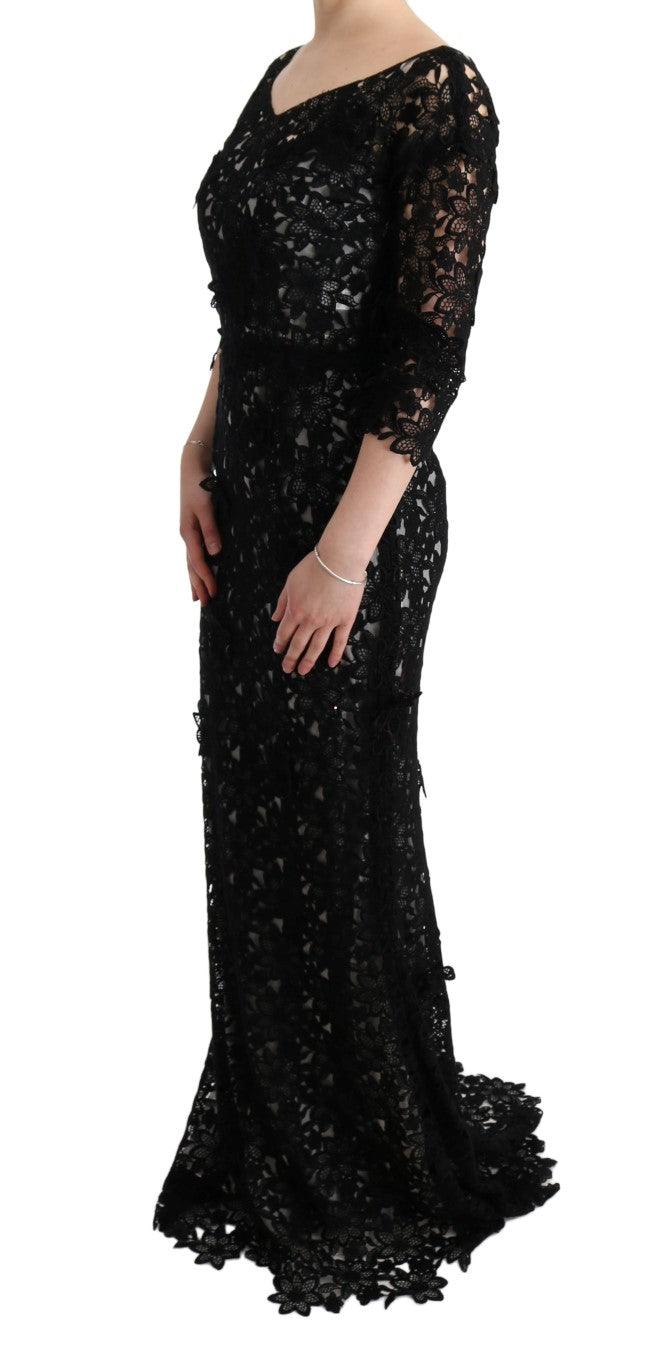 Dolce & Gabbana Elegant Black Maxi Shift Dress with Floral Applique - Arichezz.store