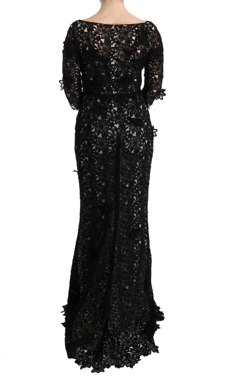 Dolce & Gabbana Elegant Black Maxi Shift Dress with Floral Applique - Arichezz.store