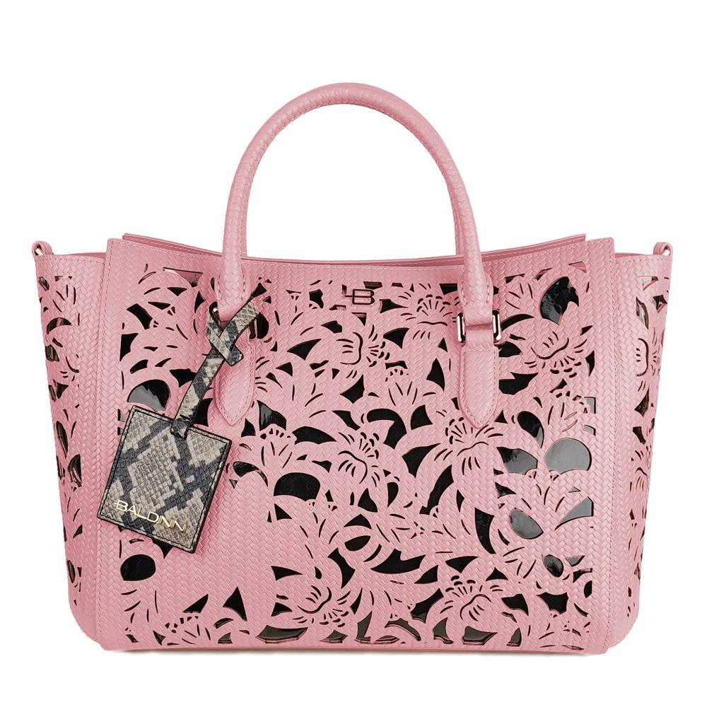 Baldinini Trend Chic Pink Calfskin Handbag with Floral Accents - Arichezz.store