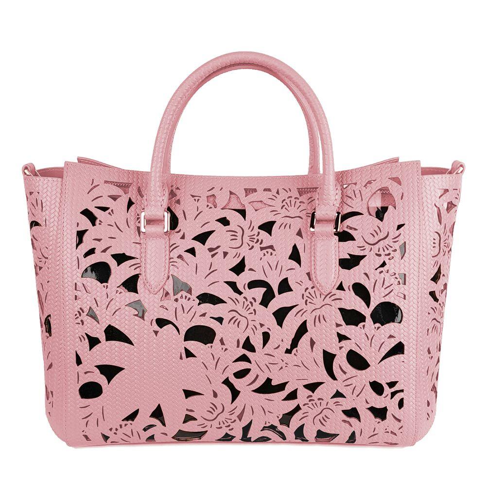 Baldinini Trend Chic Pink Calfskin Handbag with Floral Accents - Arichezz.store