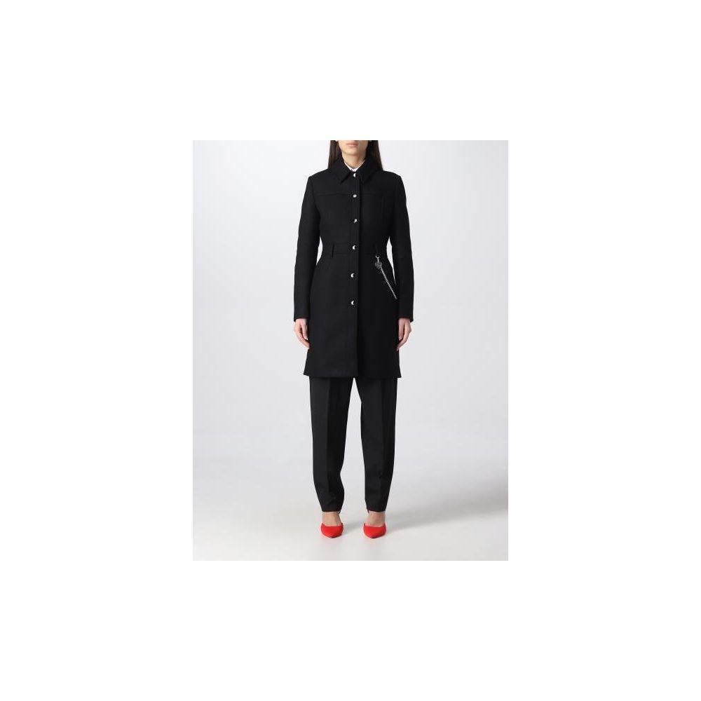 Love Moschino Elegant Black Wool Coat with Silver Chain Detail - Arichezz.store