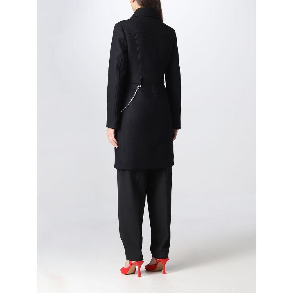 Love Moschino Elegant Black Wool Coat with Silver Chain Detail - Arichezz.store