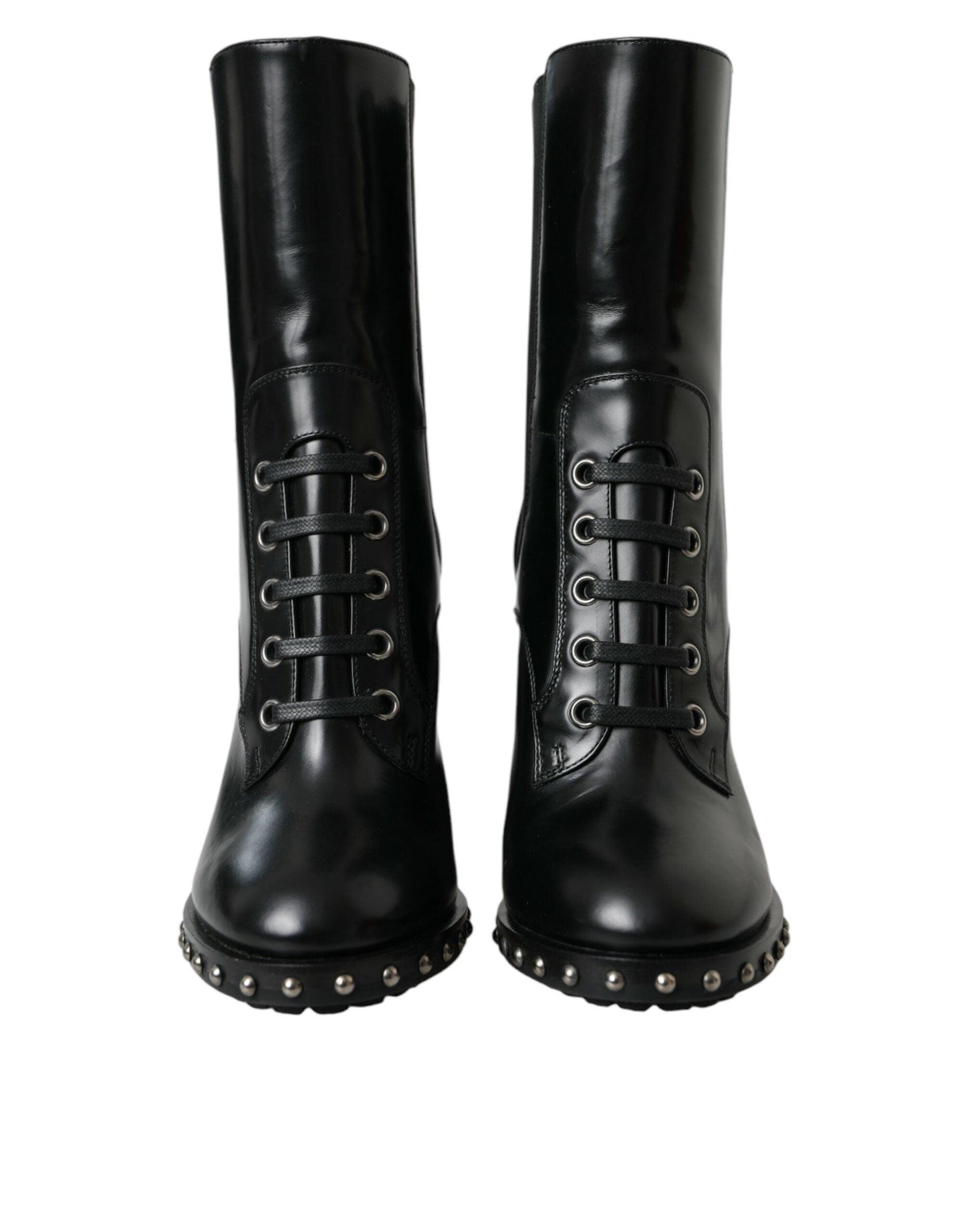 Dolce & Gabbana Black Leather Studded Lace Up Boots Shoes - Arichezz.store