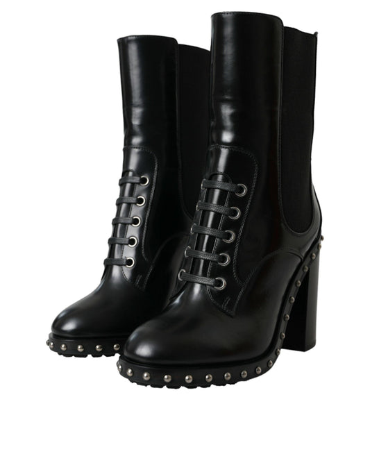 Dolce & Gabbana Black Leather Studded Lace Up Boots Shoes - Arichezz.store