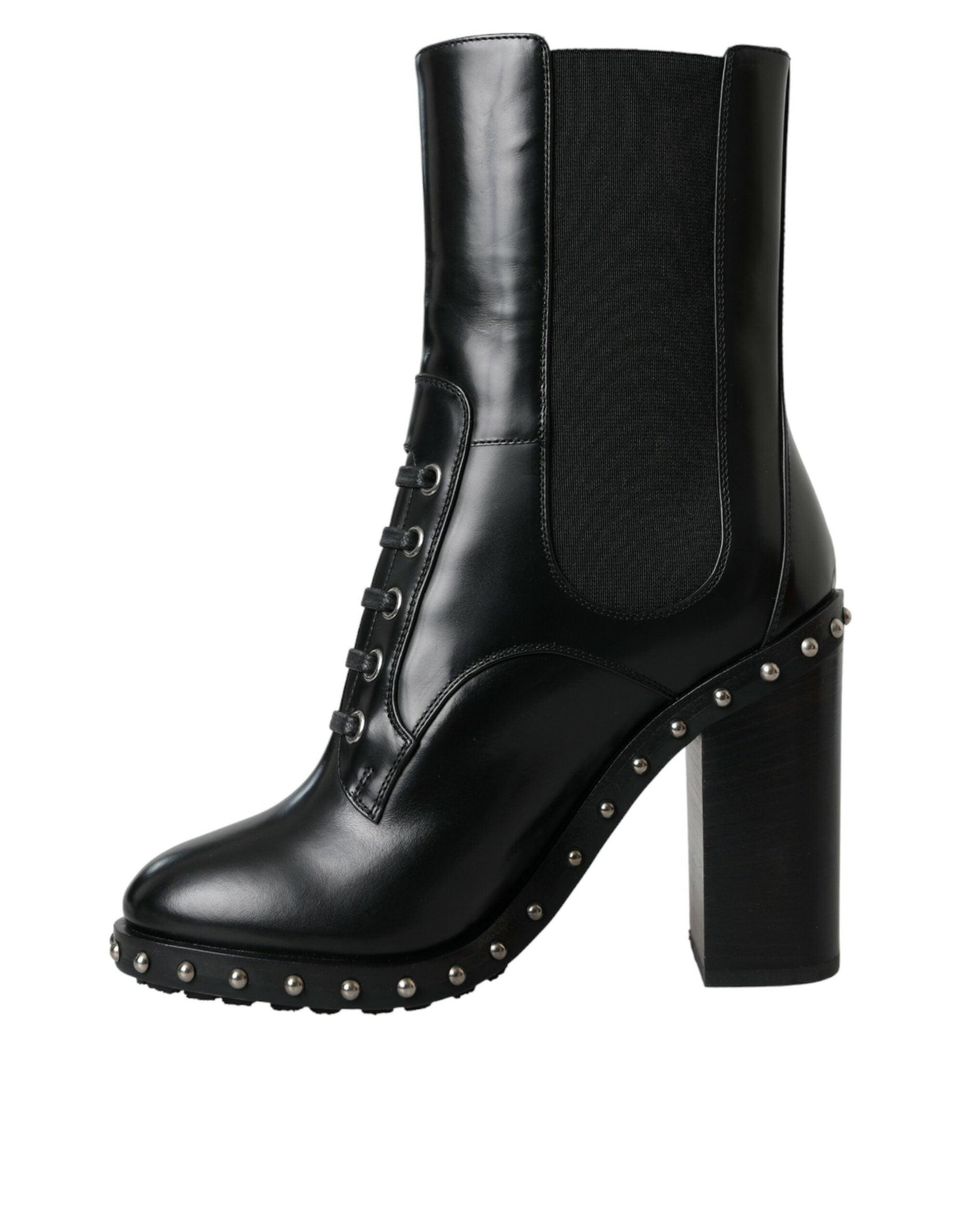 Dolce & Gabbana Black Leather Studded Lace Up Boots Shoes - Arichezz.store