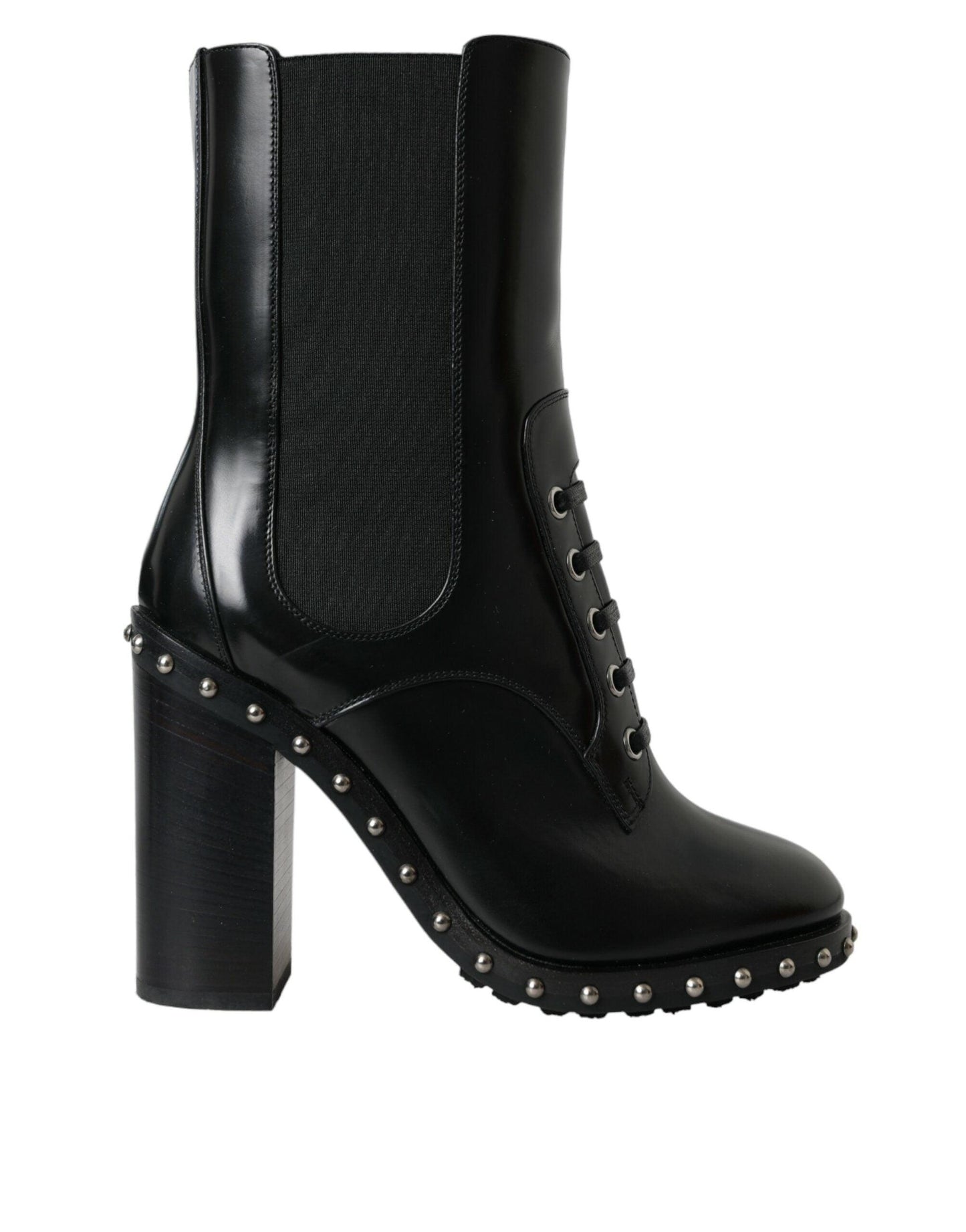 Dolce & Gabbana Black Leather Studded Lace Up Boots Shoes - Arichezz.store