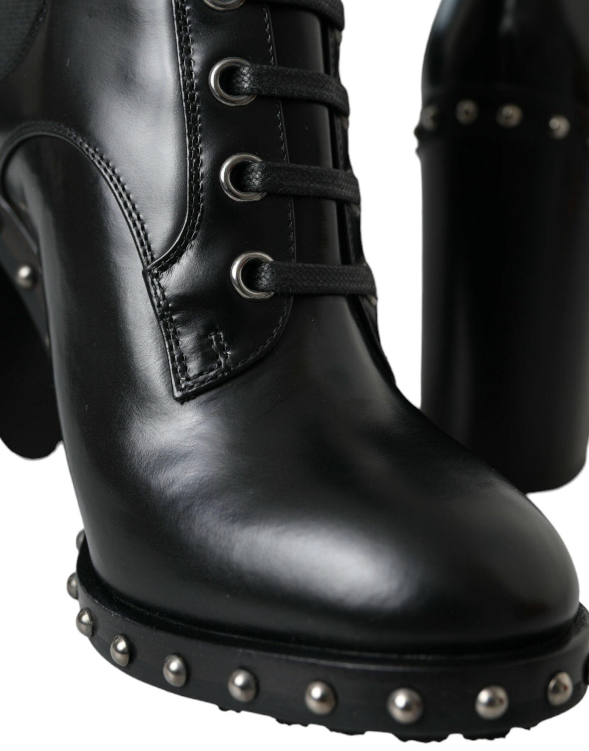 Dolce & Gabbana Black Leather Studded Lace Up Boots Shoes - Arichezz.store