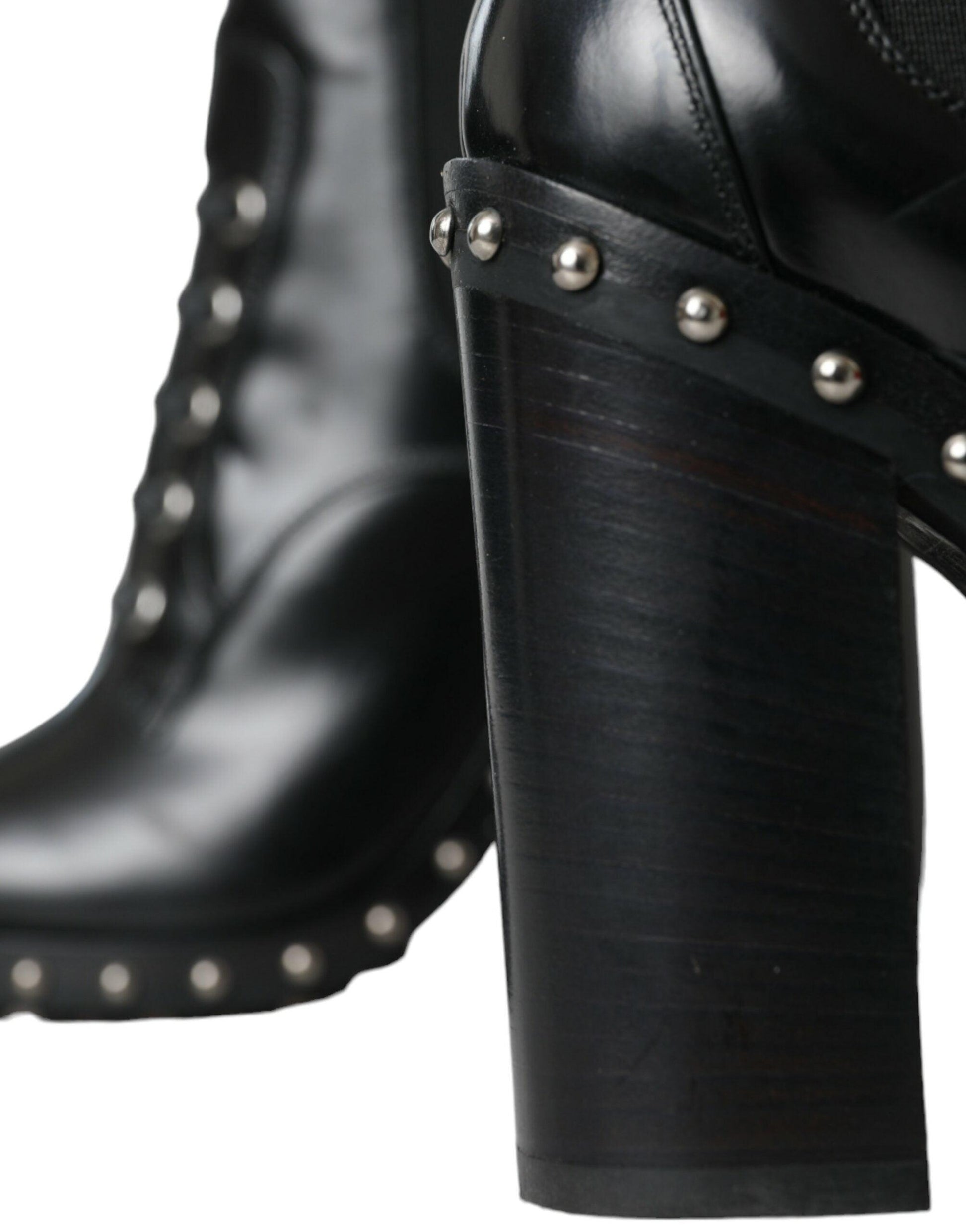 Dolce & Gabbana Black Leather Studded Lace Up Boots Shoes - Arichezz.store