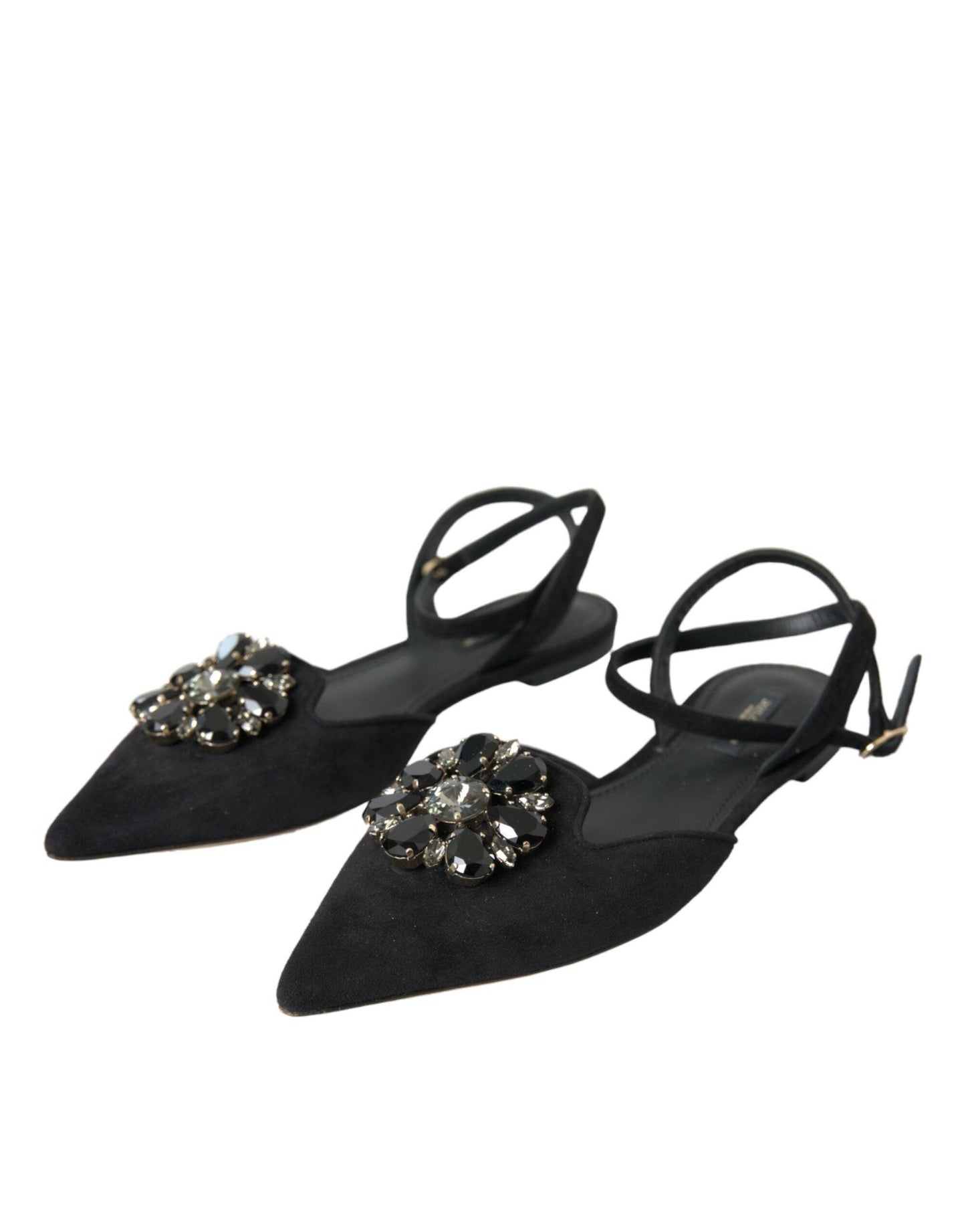 Dolce & Gabbana Black Leather Crystal Slingback Sandals Shoes - Arichezz.store