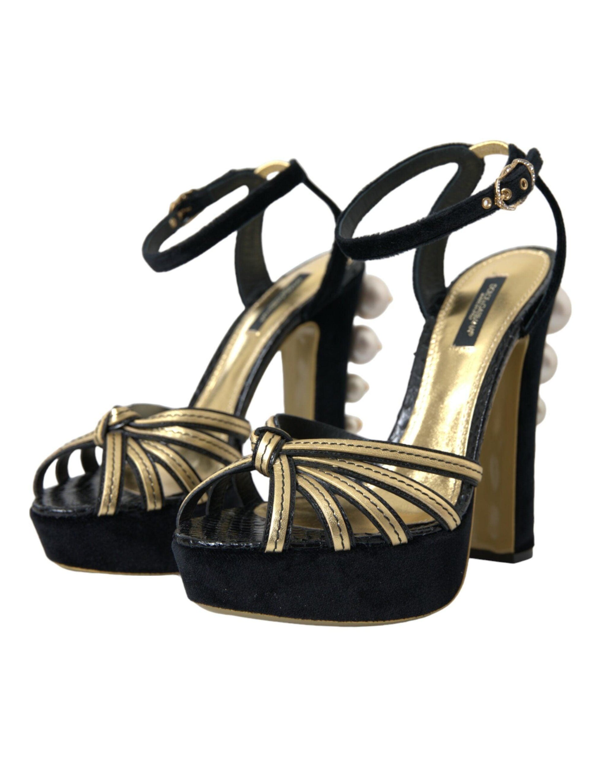 Dolce & Gabbana Black Gold Embellished Heels Sandals Shoes - Arichezz.store