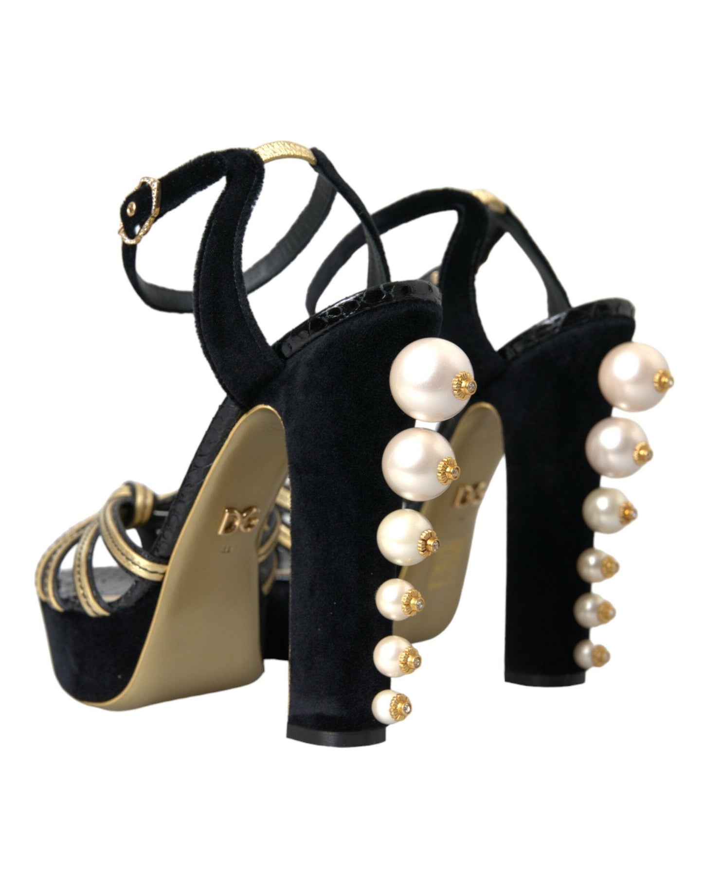 Dolce & Gabbana Black Gold Embellished Heels Sandals Shoes - Arichezz.store