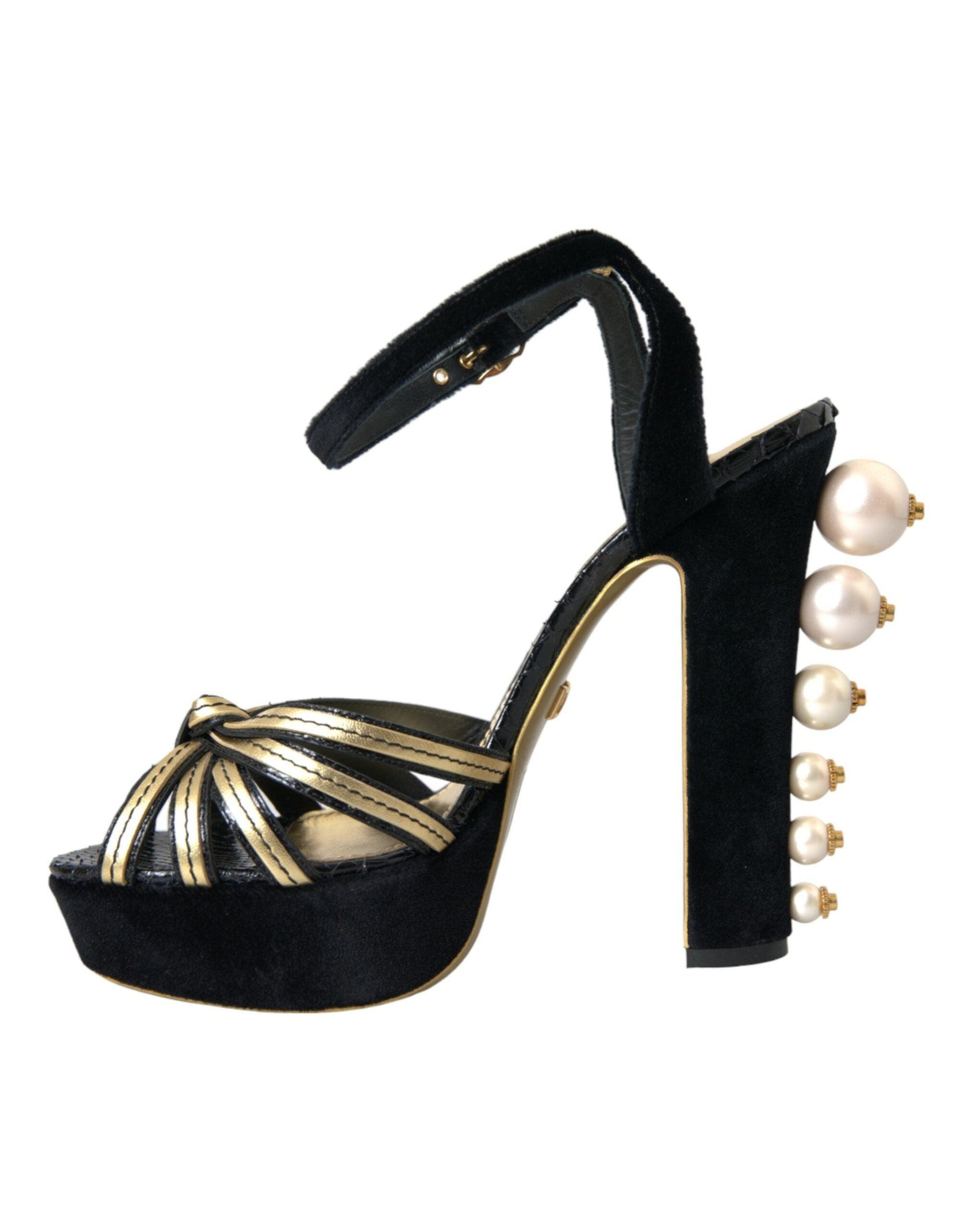 Dolce & Gabbana Black Gold Embellished Heels Sandals Shoes - Arichezz.store