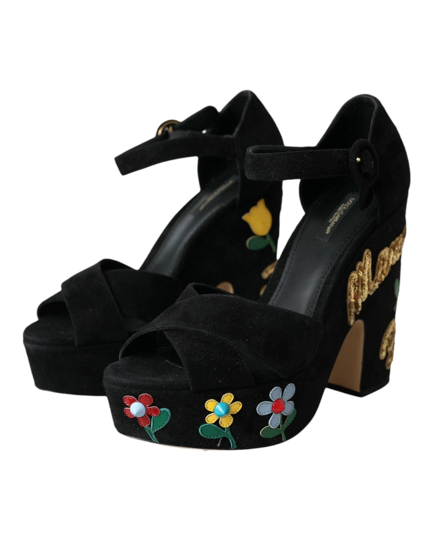 Dolce & Gabbana Black Floral Ankle Strap Heels Sandals Shoes - Arichezz.store