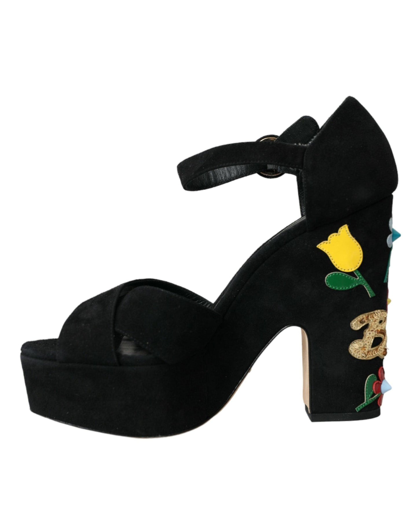 Dolce & Gabbana Black Floral Ankle Strap Heels Sandals Shoes - Arichezz.store