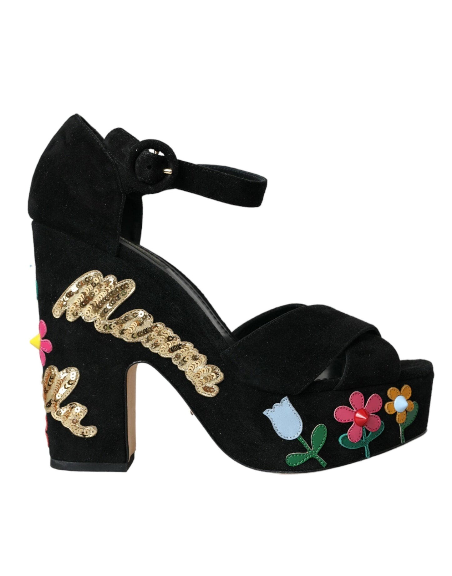 Dolce & Gabbana Black Floral Ankle Strap Heels Sandals Shoes - Arichezz.store