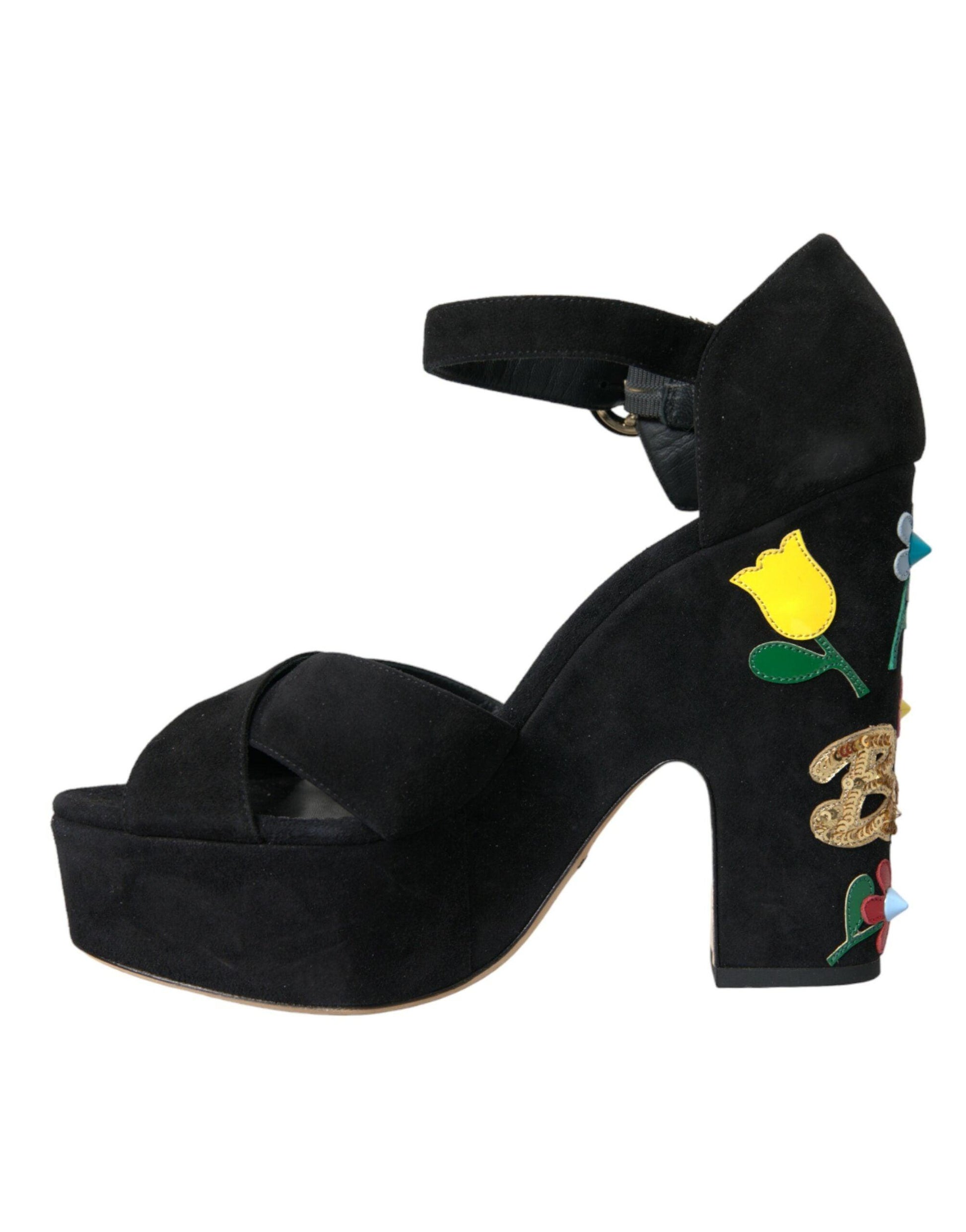 Dolce & Gabbana Black Suede Ankle Strap Heels Sandals Shoes - Arichezz.store