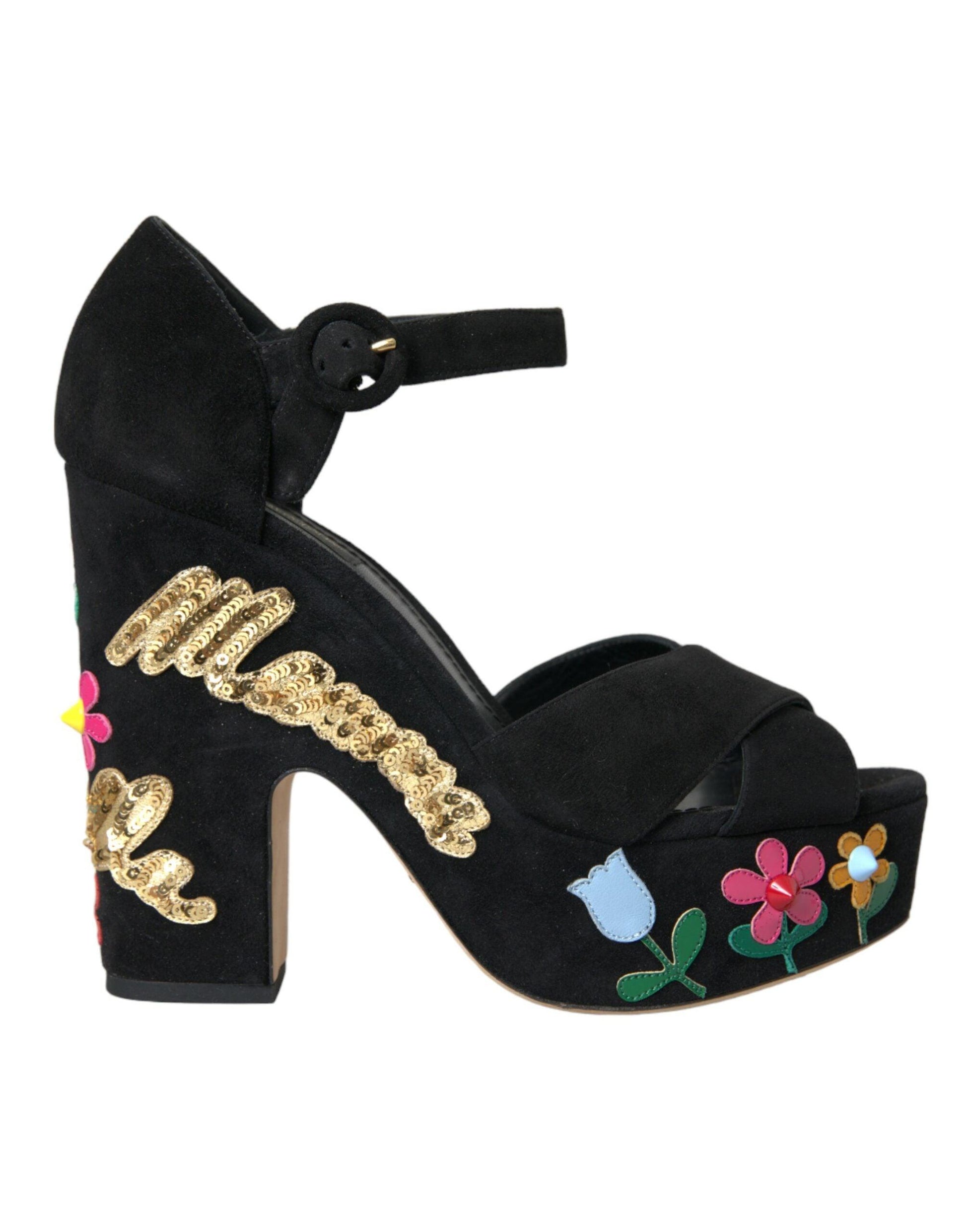 Dolce & Gabbana Black Suede Ankle Strap Heels Sandals Shoes - Arichezz.store