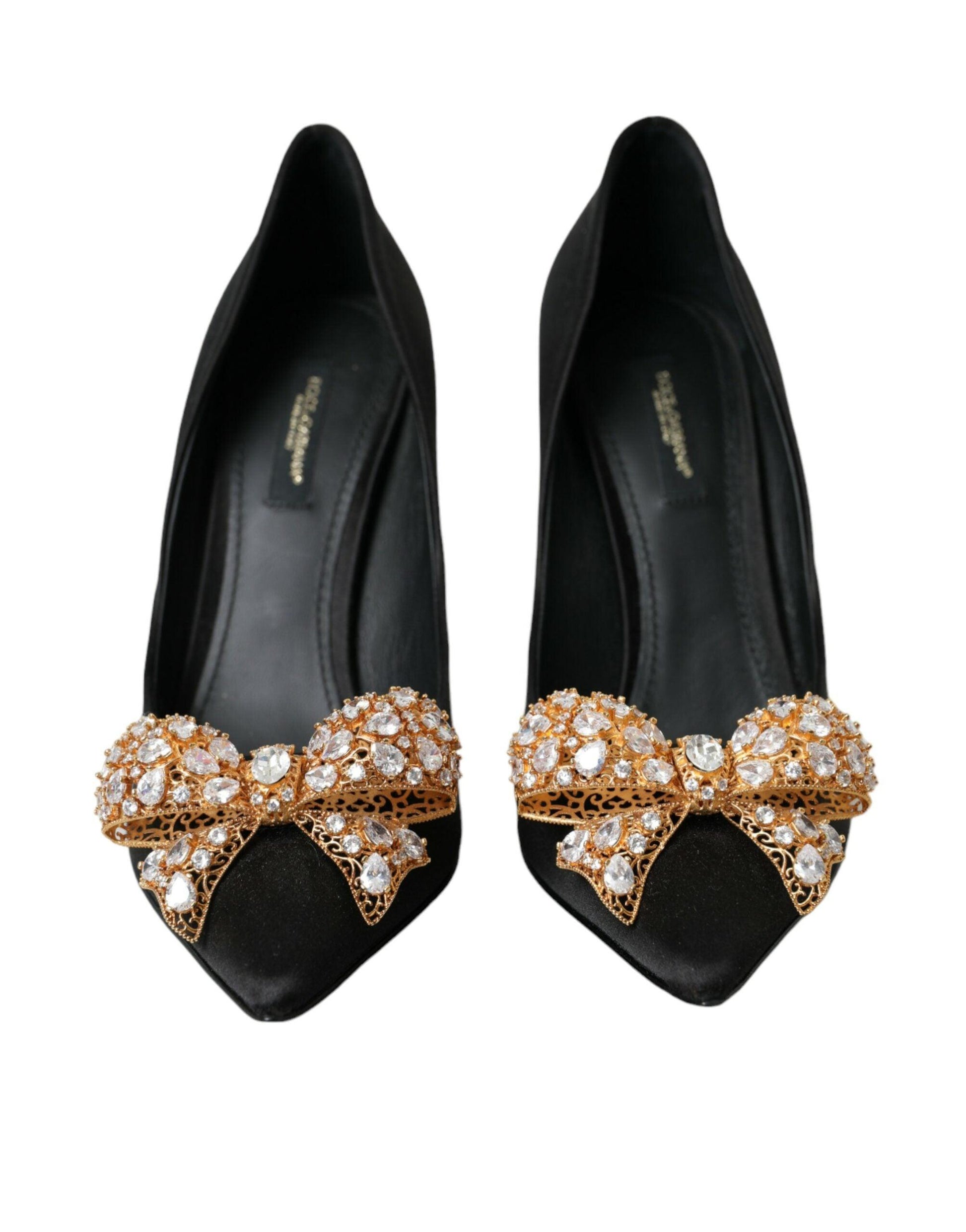 Dolce & Gabbana Black Satin Bow Crystal Heels Pumps Shoes - Arichezz.store