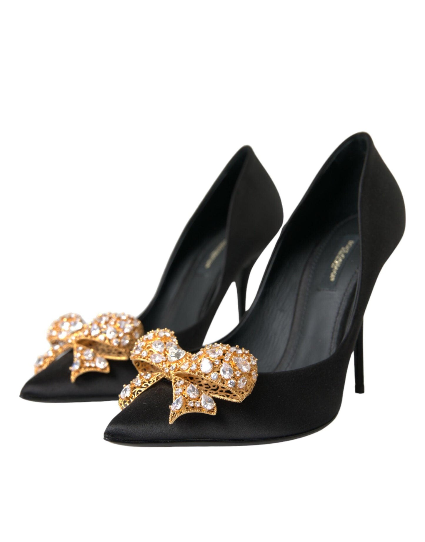 Dolce & Gabbana Black Satin Bow Crystal Heels Pumps Shoes - Arichezz.store