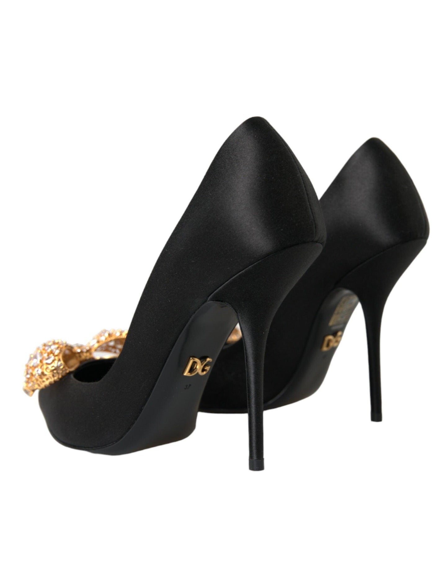 Dolce & Gabbana Black Satin Bow Crystal Heels Pumps Shoes - Arichezz.store