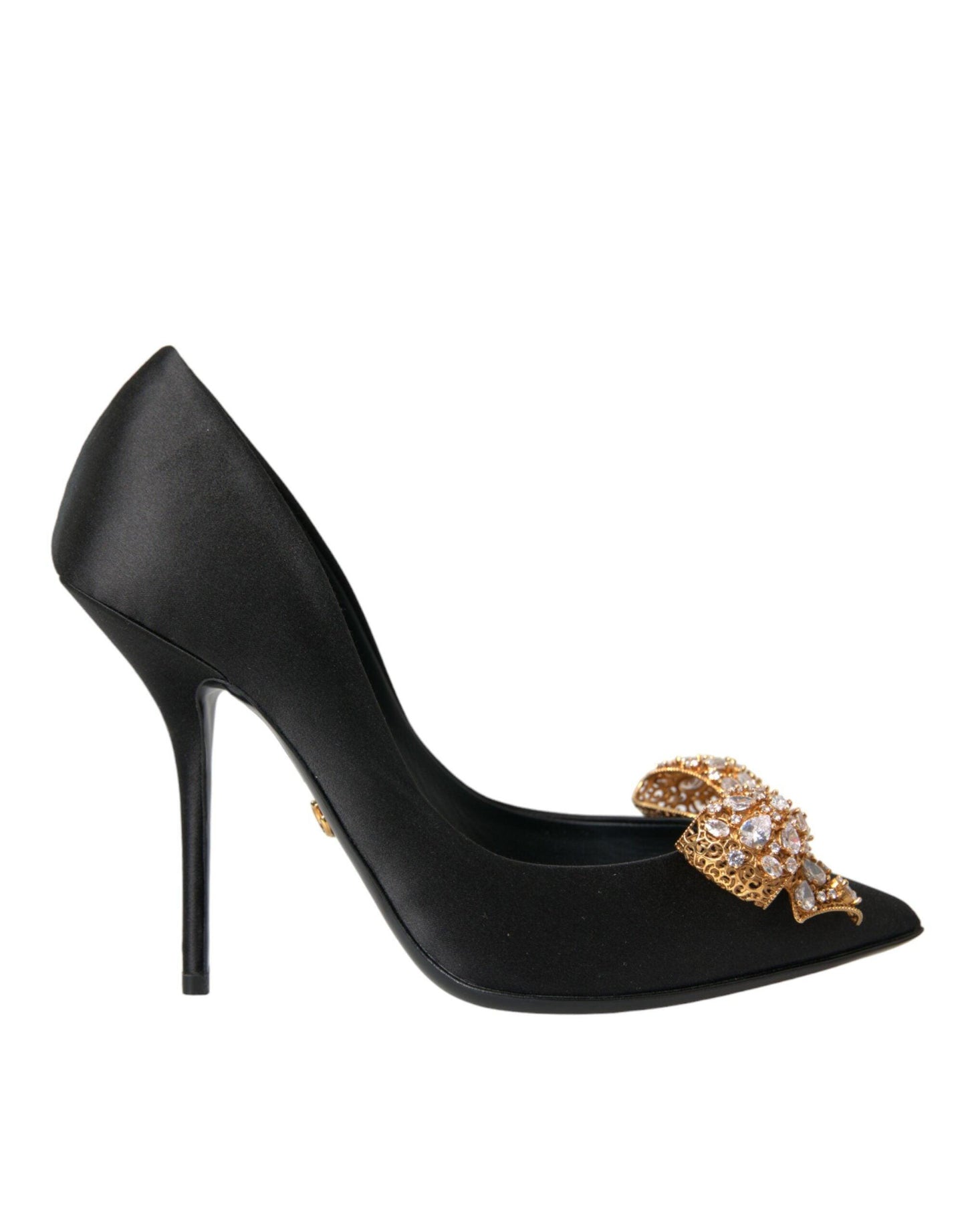 Dolce & Gabbana Black Satin Bow Crystal Heels Pumps Shoes - Arichezz.store