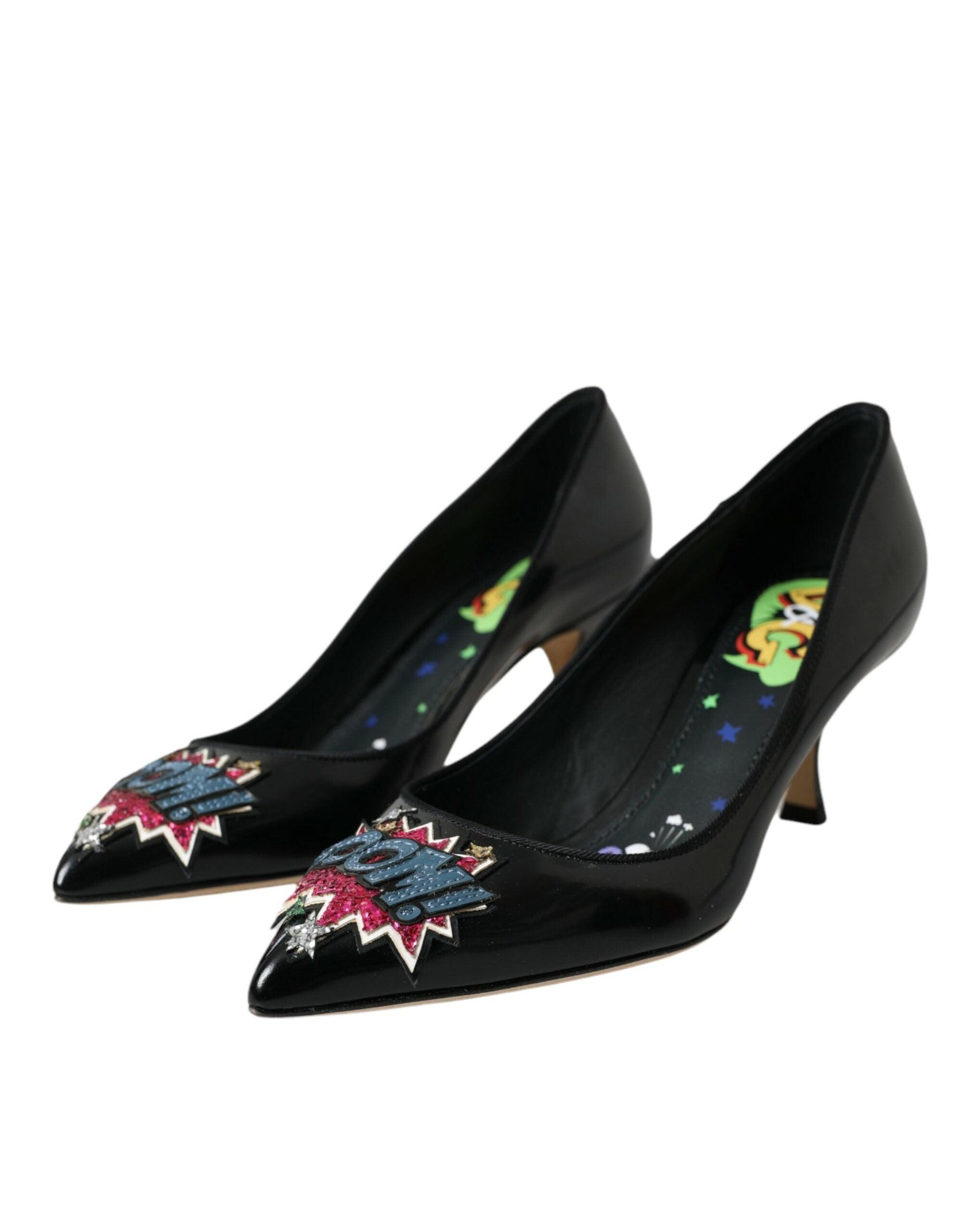 Dolce & Gabbana Black Leather BOOM Patch Heels Pumps Shoes - Arichezz.store