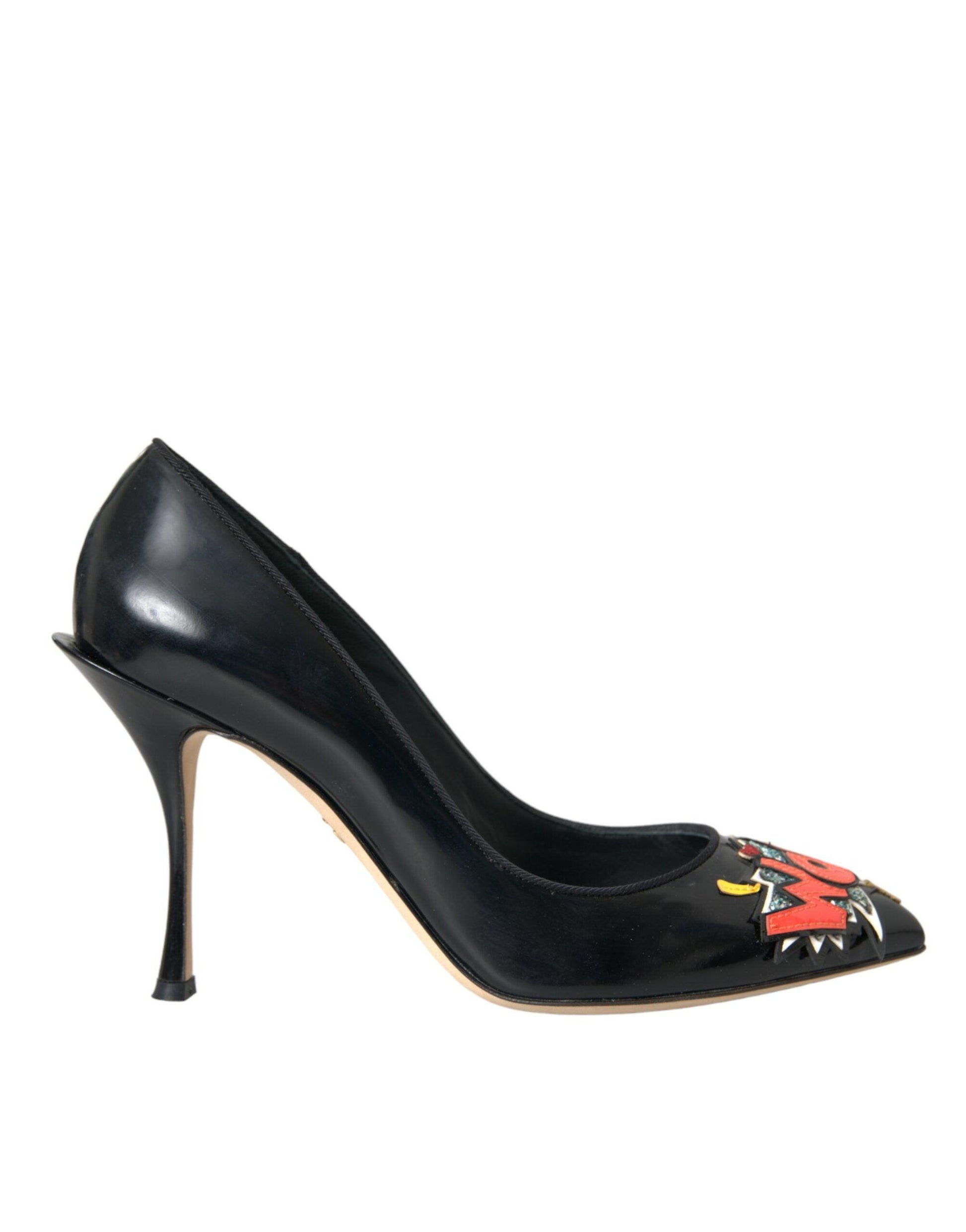 Dolce & Gabbana Black Leather WOW Patch Heels Pumps Shoes - Arichezz.store