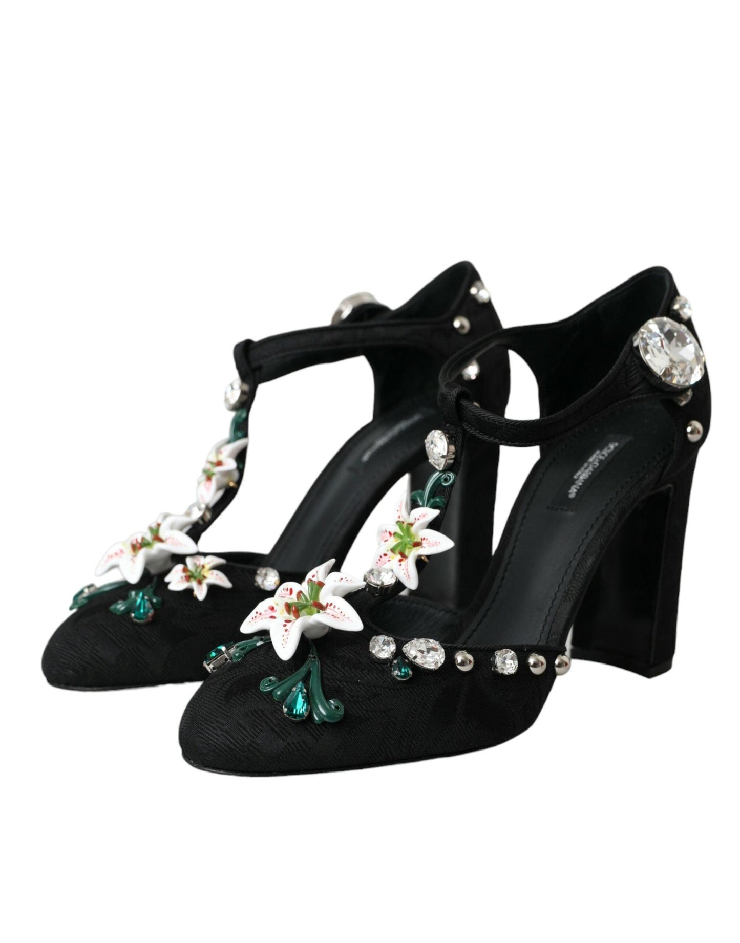 Dolce & Gabbana Black Lilies Crystal Heels Pumps Shoes - Arichezz.store