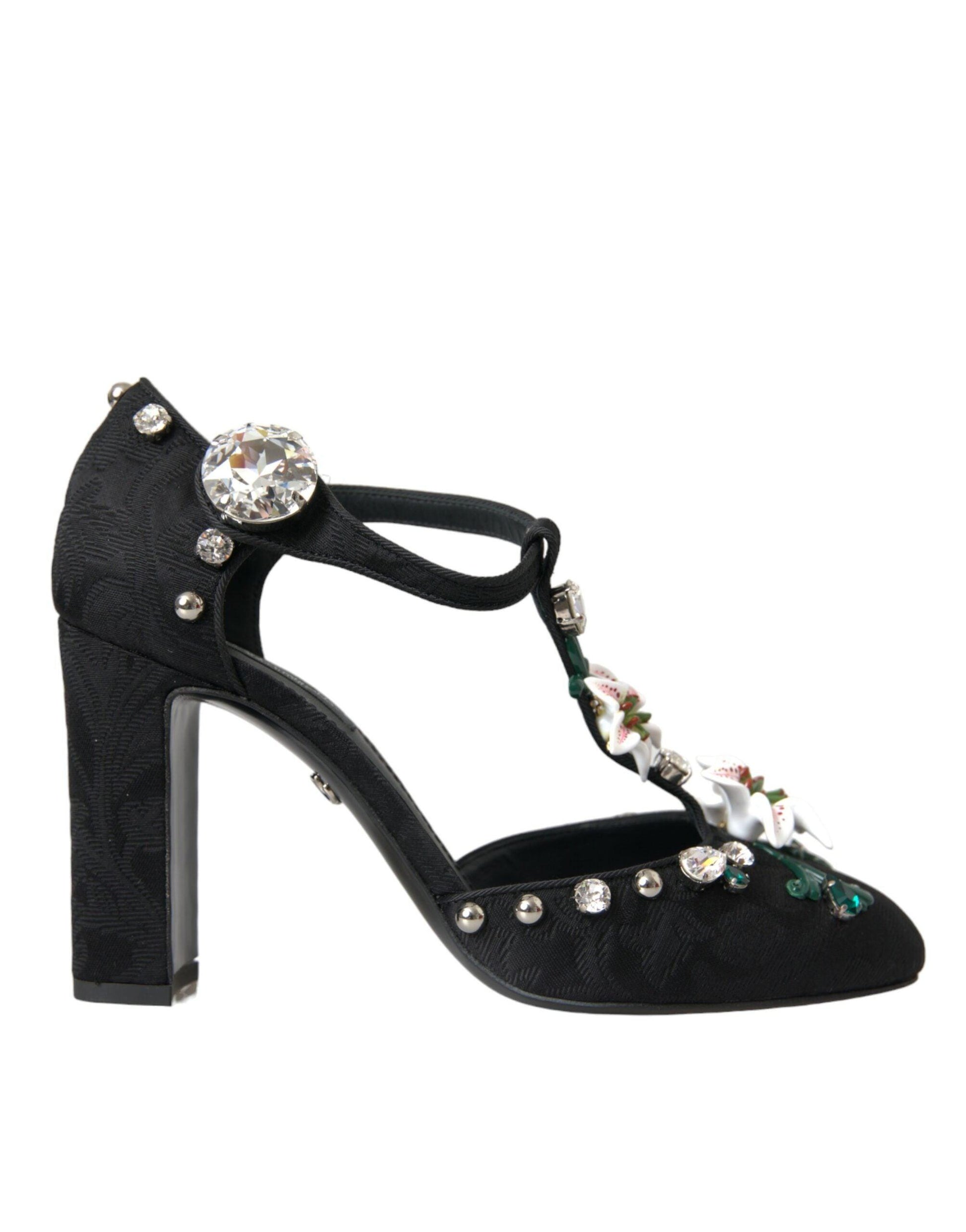 Dolce & Gabbana Black Lilies Crystal Heels Pumps Shoes - Arichezz.store