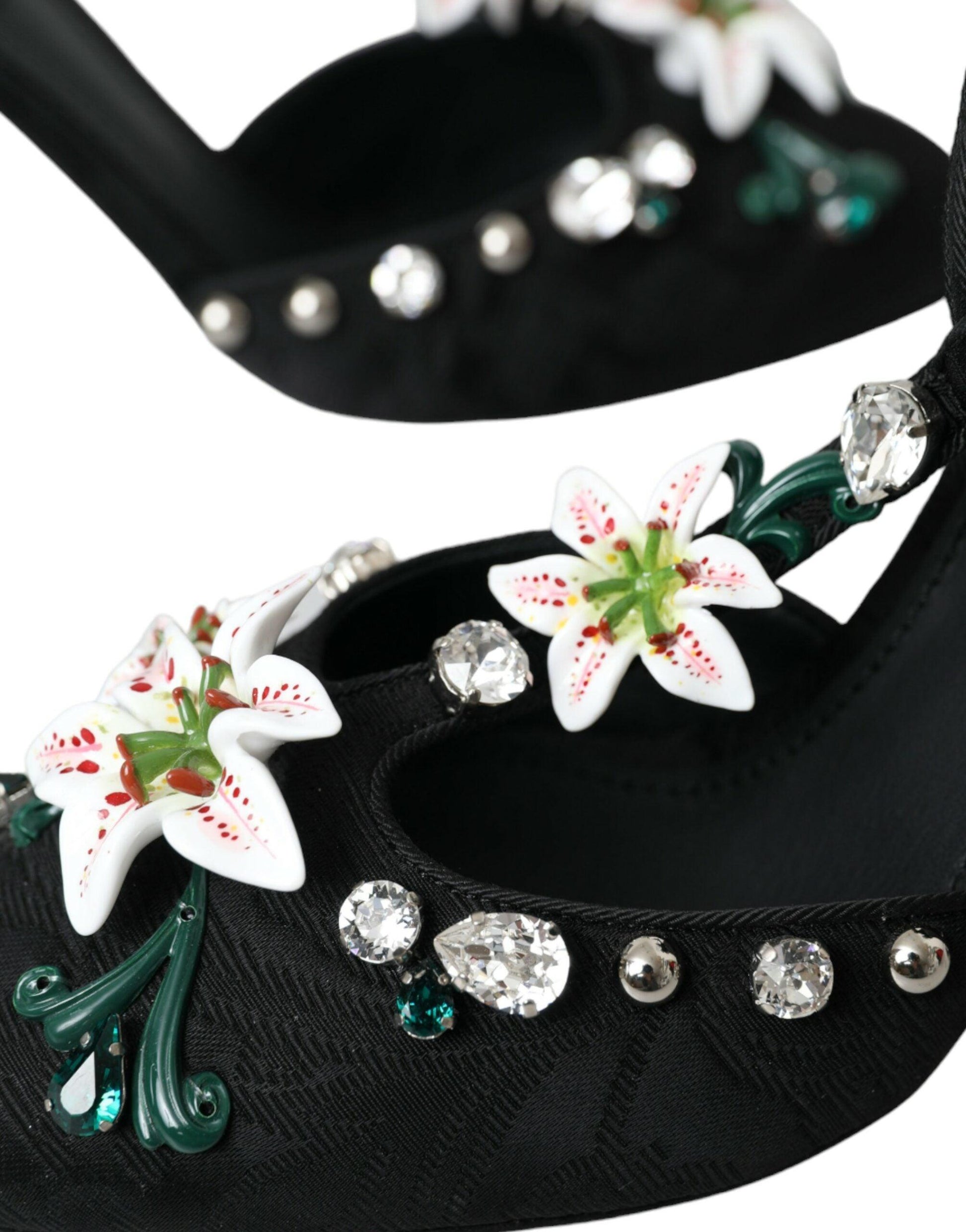 Dolce & Gabbana Black Lilies Crystal Heels Pumps Shoes - Arichezz.store