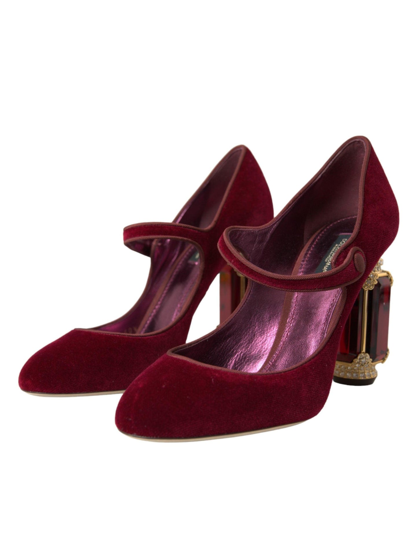 Dolce & Gabbana Red Velvet Gold Crystals Heels Mary Jane Shoes - Arichezz.store