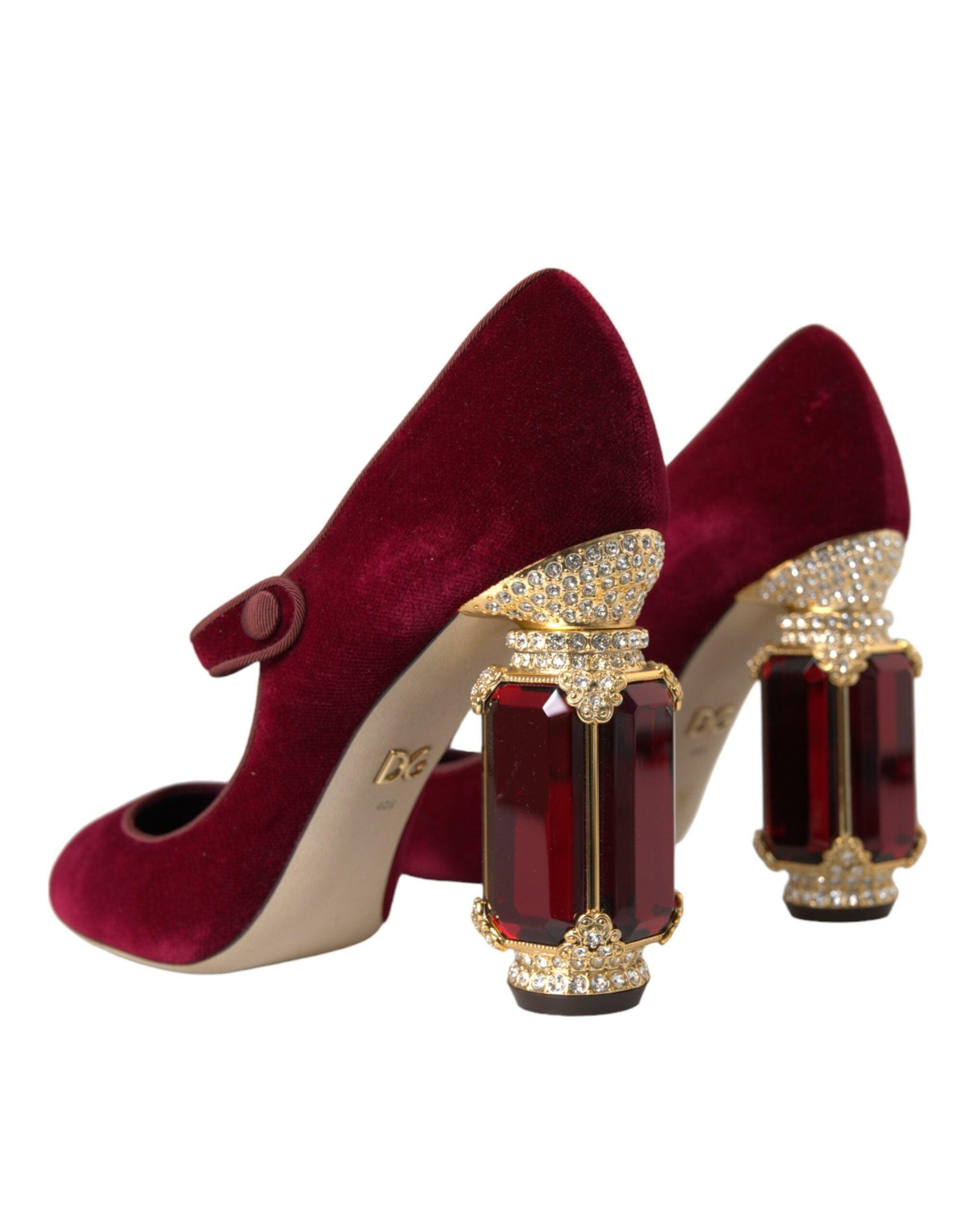 Dolce & Gabbana Red Velvet Gold Crystals Heels Mary Jane Shoes - Arichezz.store