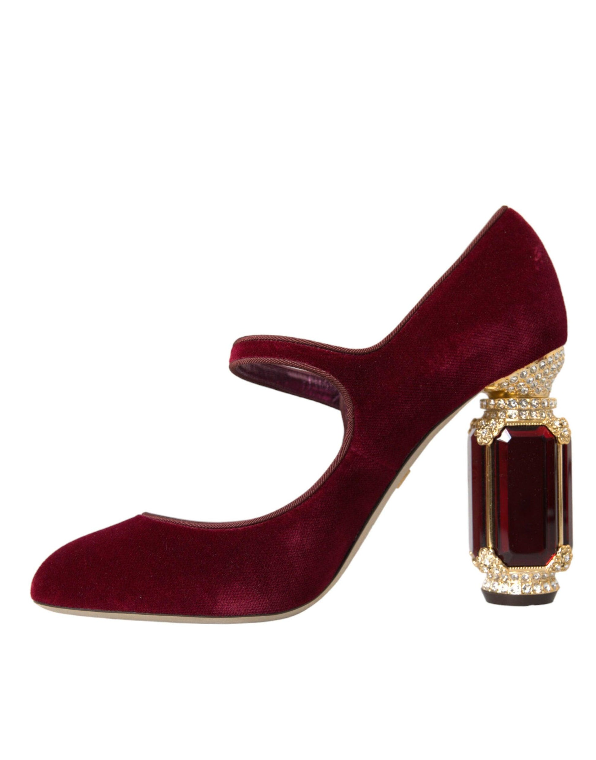 Dolce & Gabbana Red Velvet Gold Crystals Heels Mary Jane Shoes - Arichezz.store