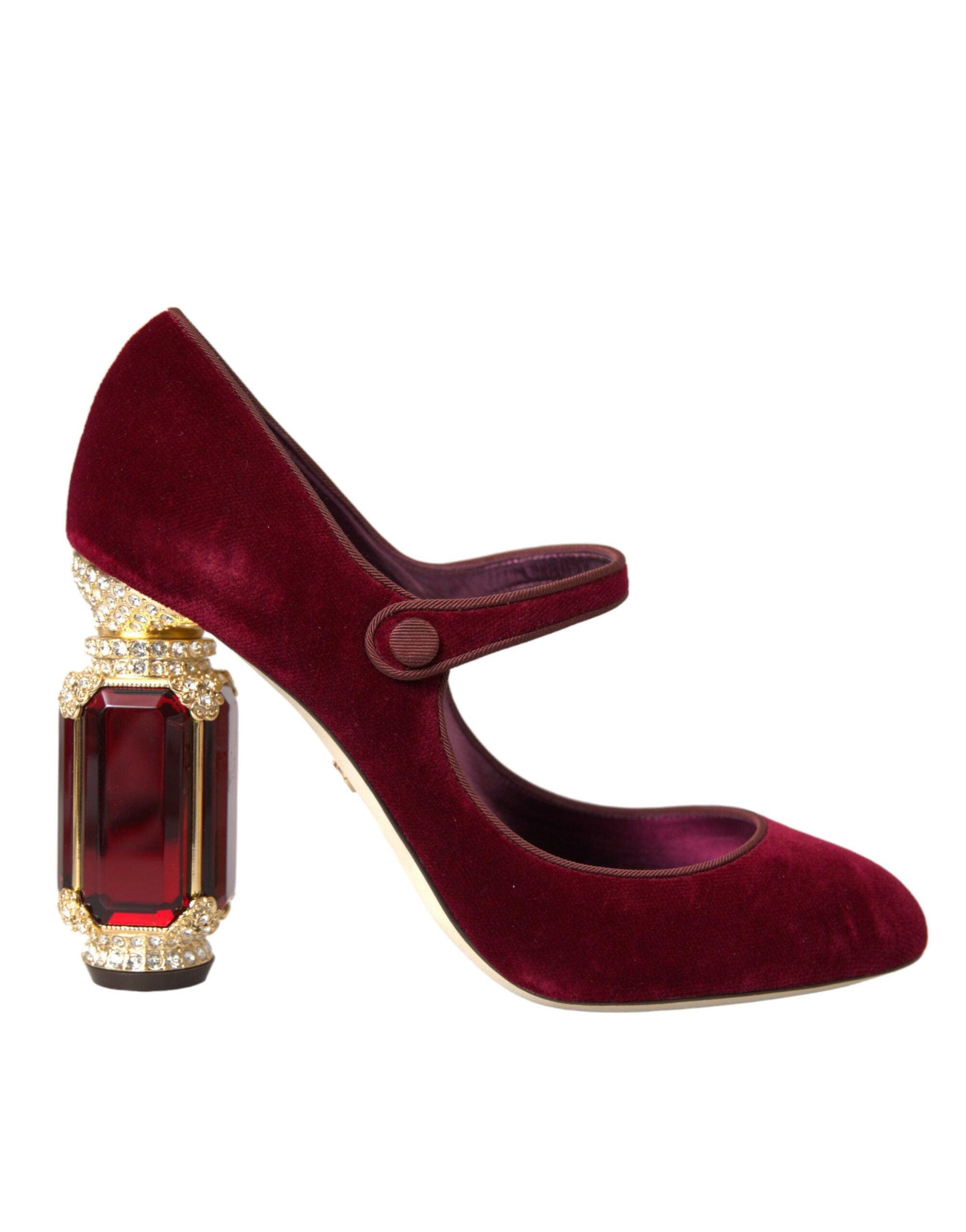 Dolce & Gabbana Red Velvet Gold Crystals Heels Mary Jane Shoes - Arichezz.store