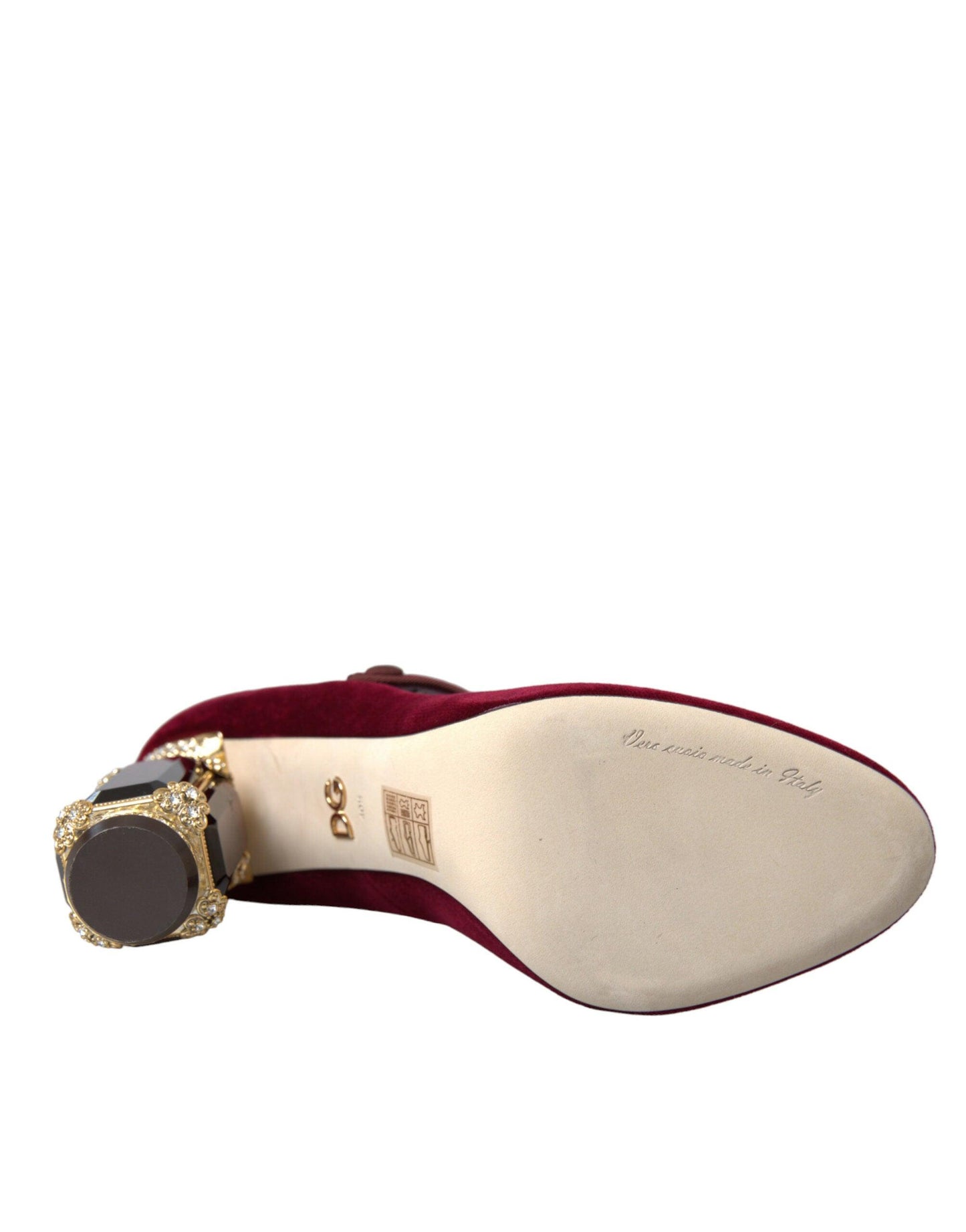 Dolce & Gabbana Red Velvet Gold Crystals Heels Mary Jane Shoes - Arichezz.store