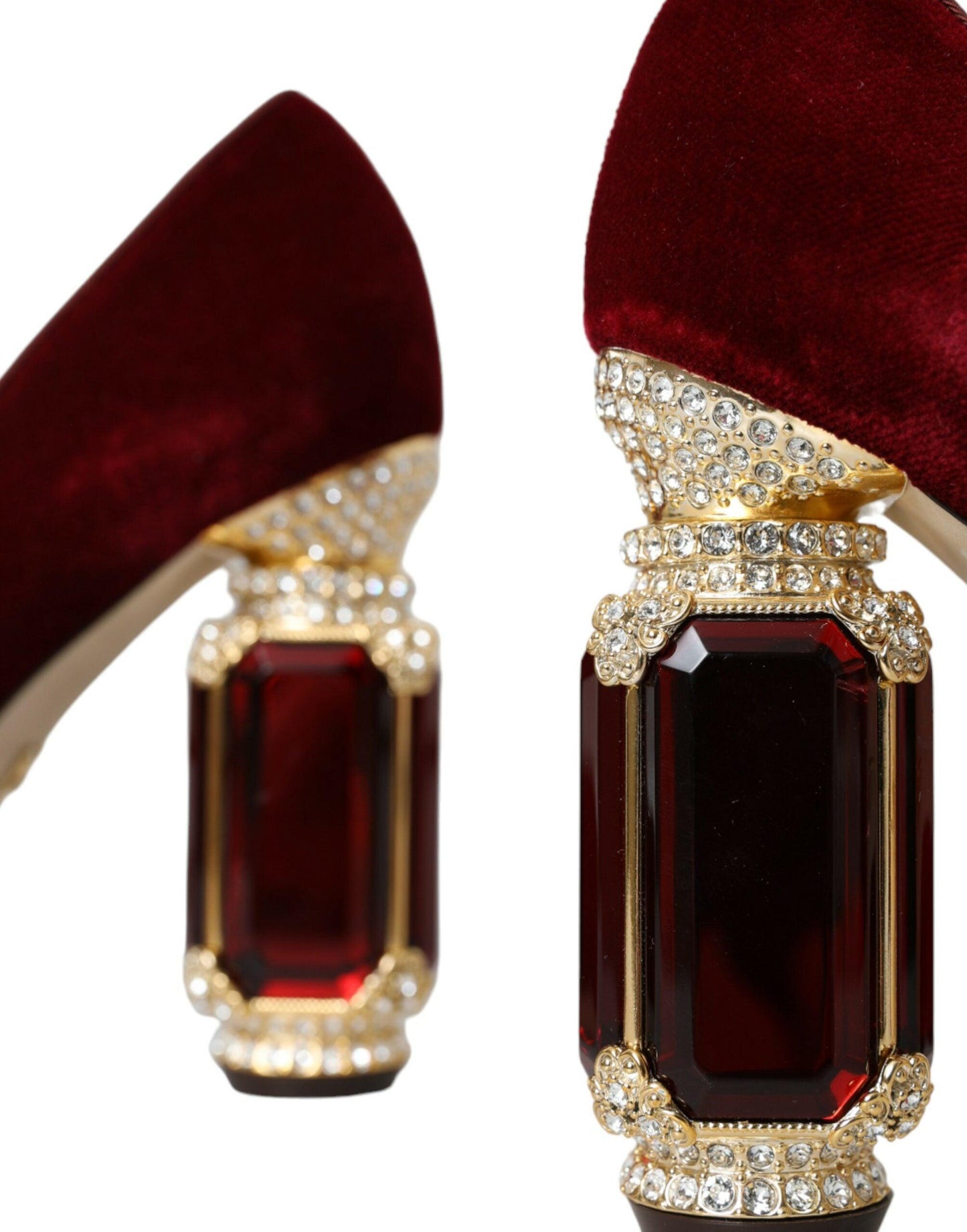 Dolce & Gabbana Red Velvet Gold Crystals Heels Mary Jane Shoes - Arichezz.store