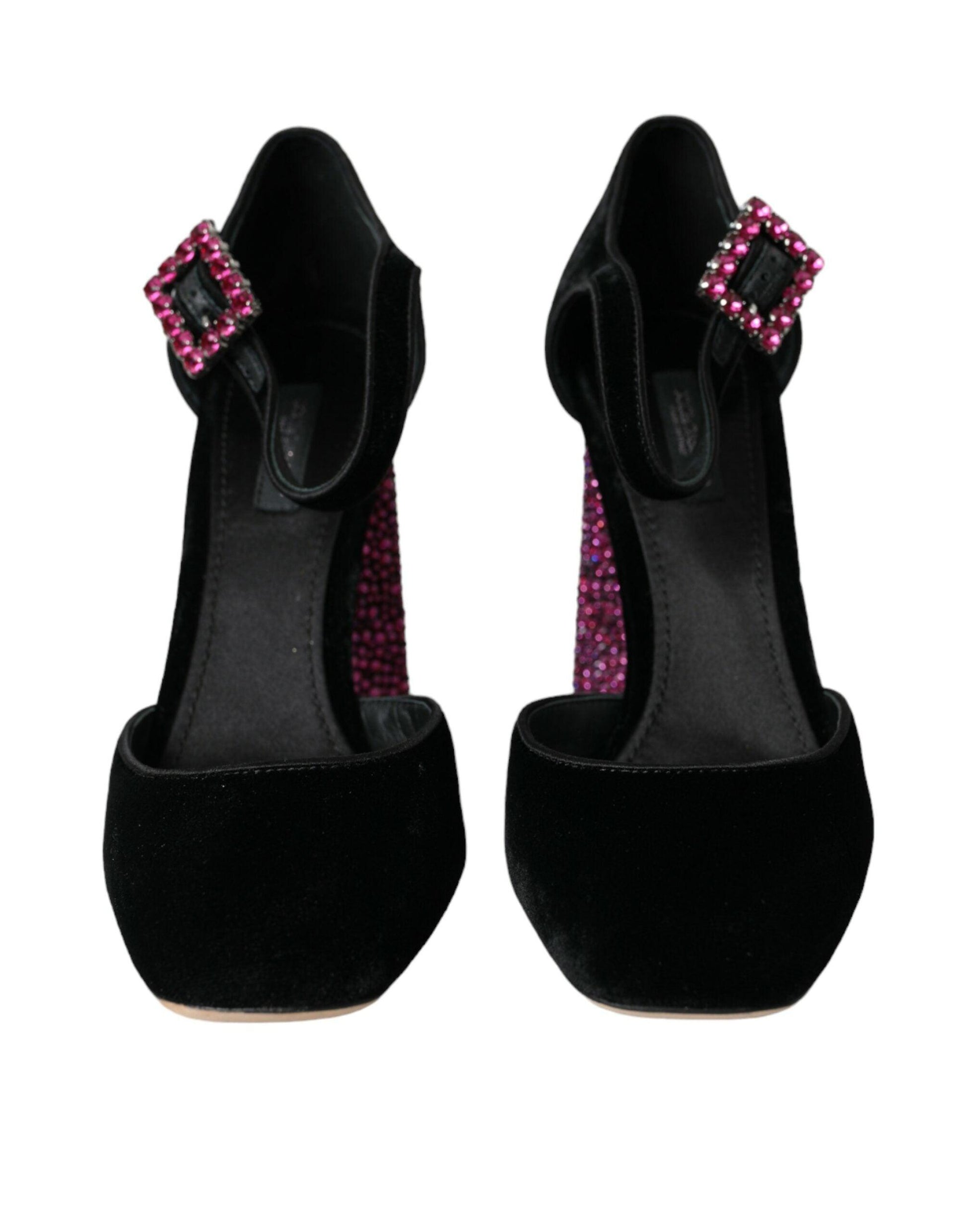 Dolce & Gabbana Black Velvet Strass Crystal Mary Janes Shoes - Arichezz.store