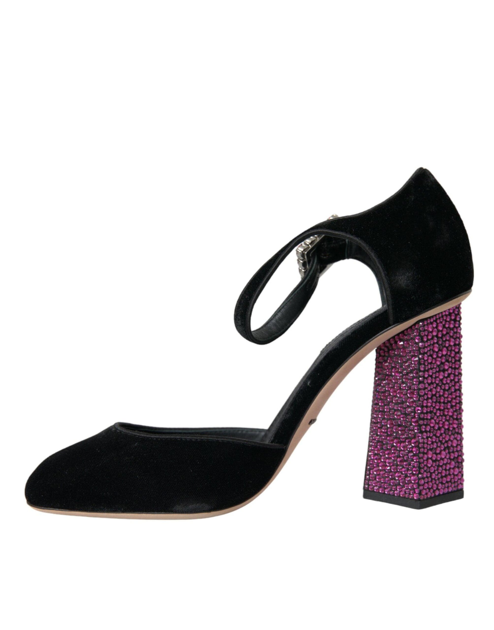 Dolce & Gabbana Black Velvet Strass Crystal Mary Janes Shoes - Arichezz.store